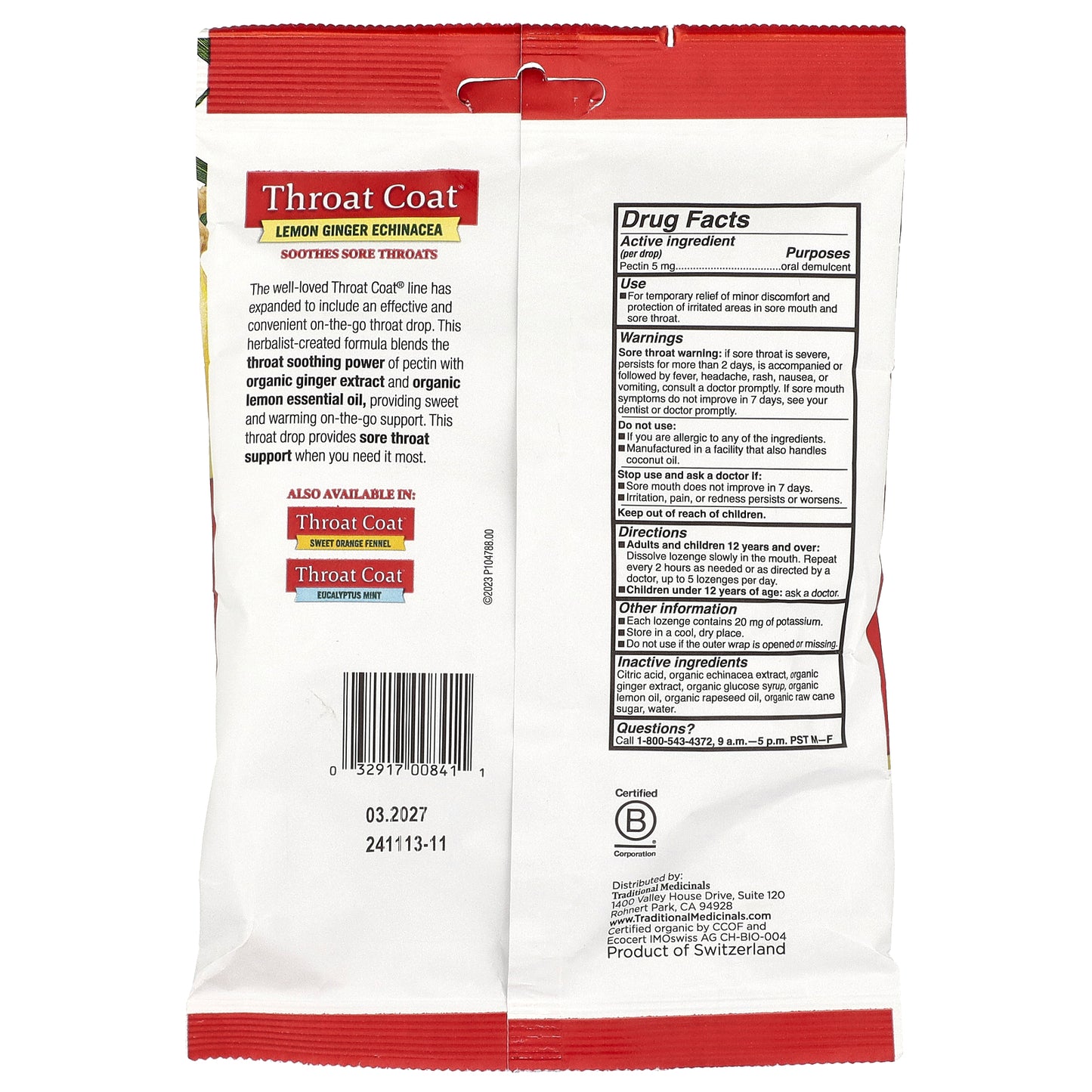 Traditional Medicinals, Organic Throat Coat® Drops, Lemon Ginger Echinacea, 30 Pectin Throat Drops