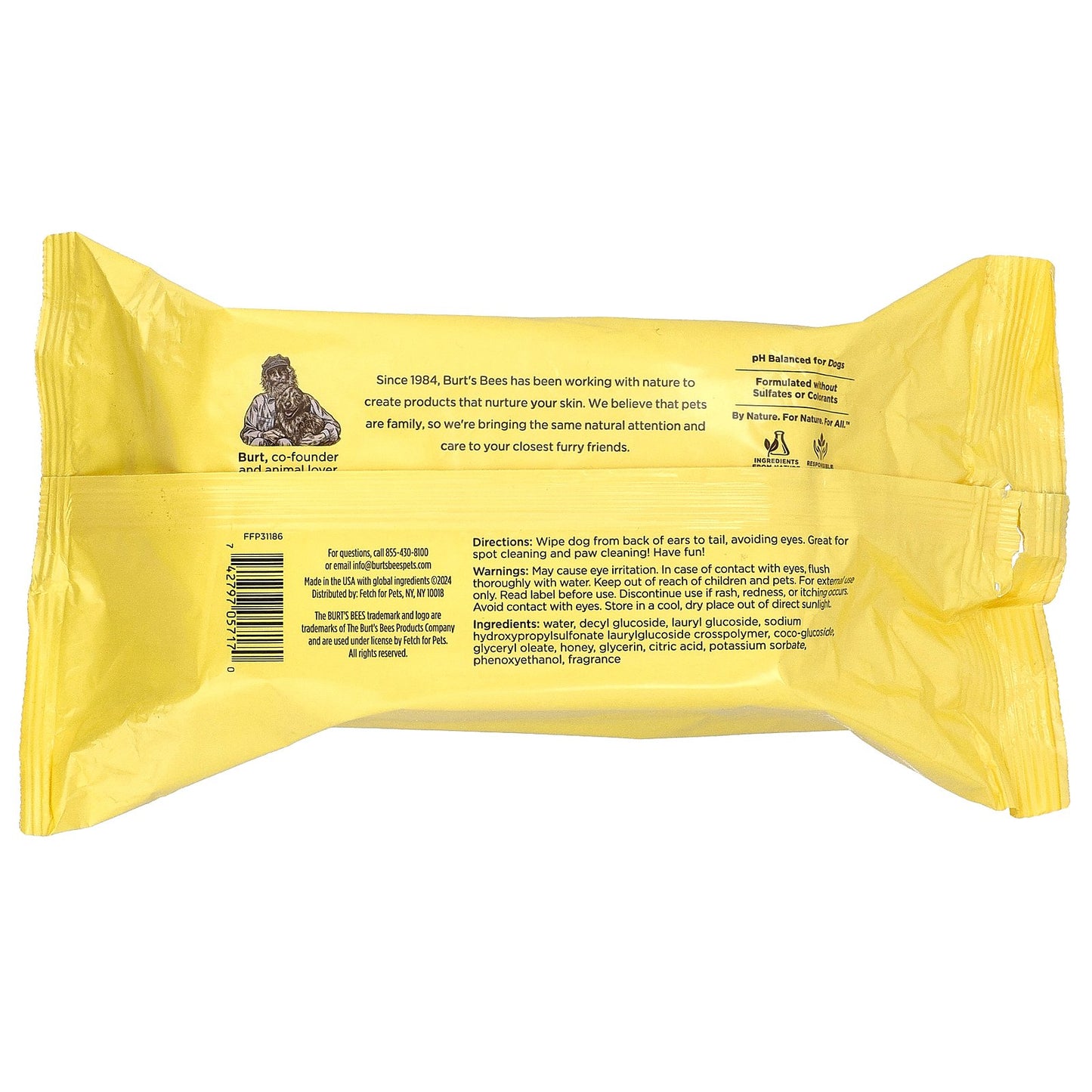 Burt's Bees, Multi-Purpose Hypoallergenic Wipes with Honey, For Dogs, Grapefruit, 100 Count