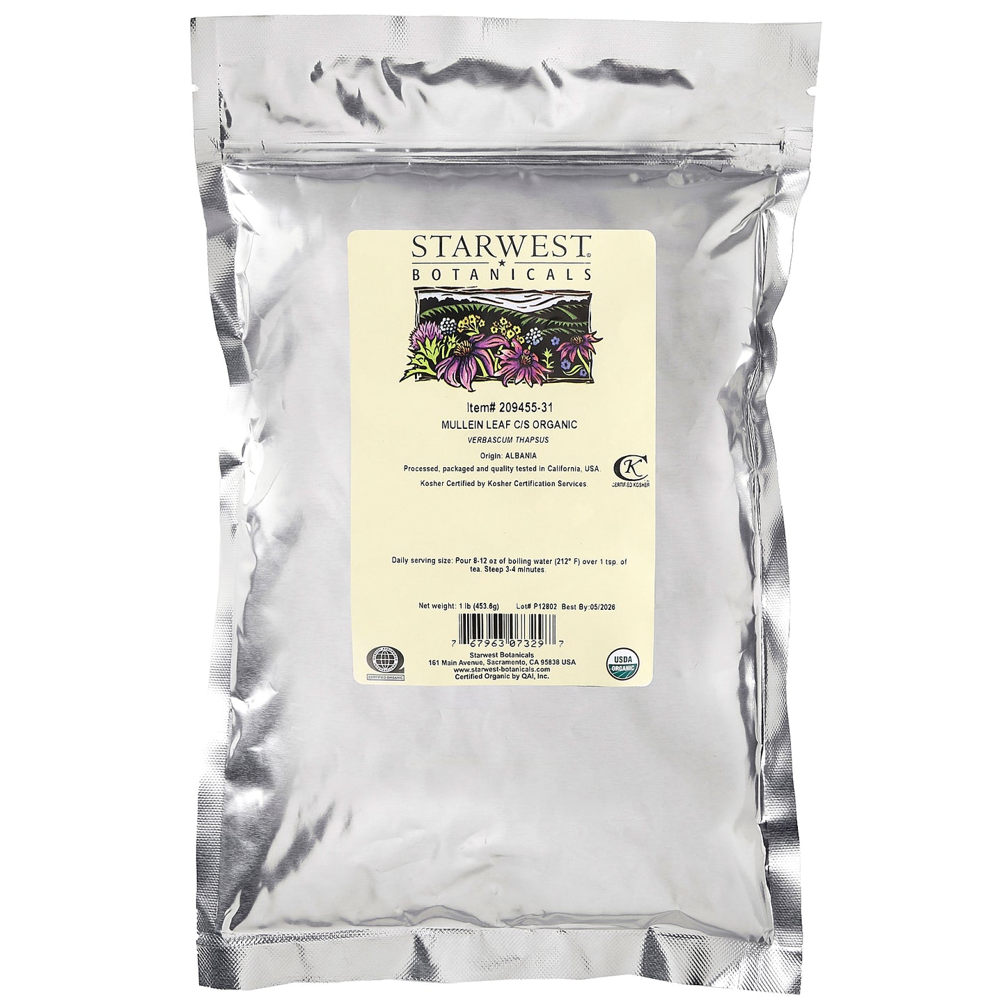 Starwest Botanicals, Organic Mullein Leaf, Cut & Sifted, 1 lb (453.6 g)