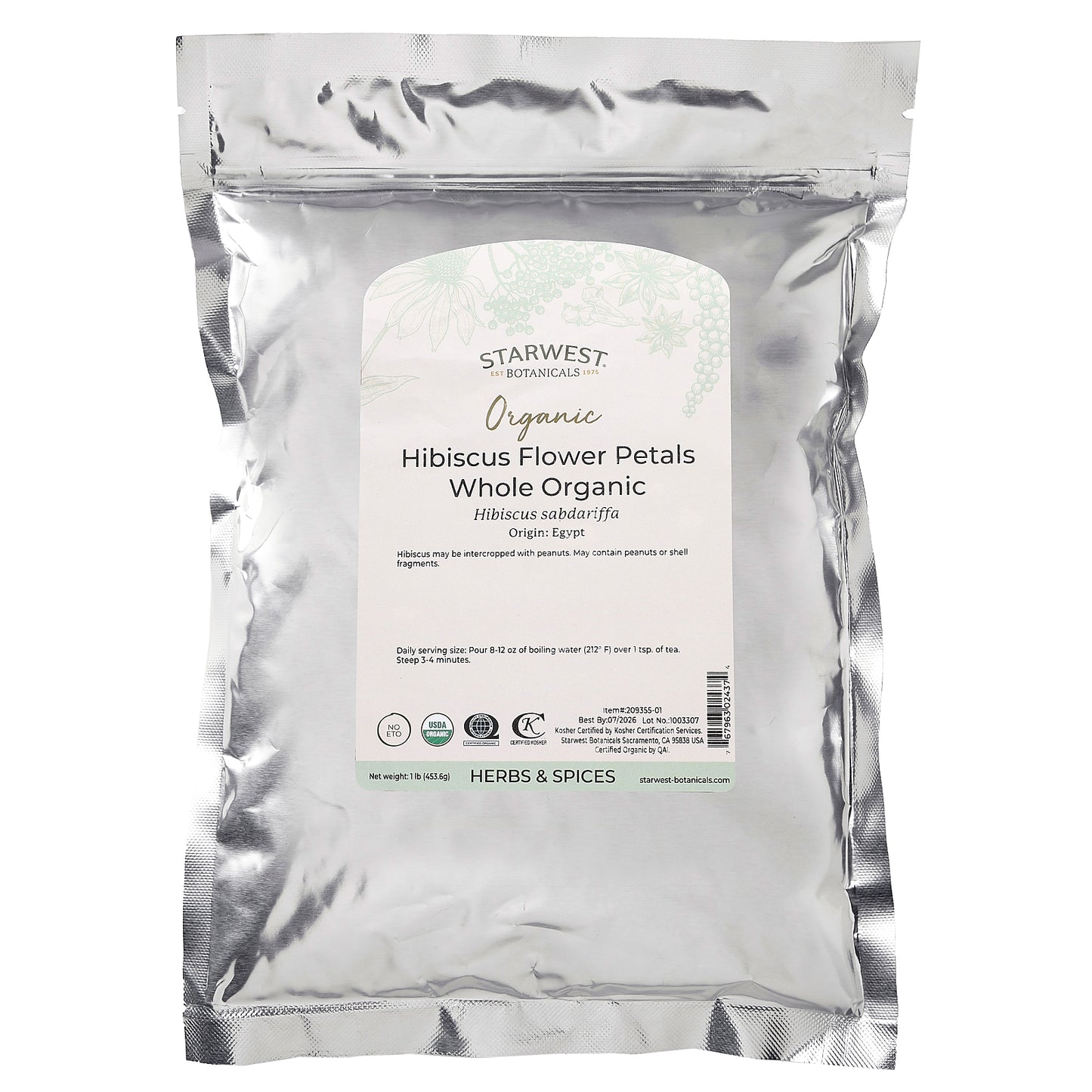 Starwest Botanicals, Organic Hibiscus Flower Petals, Whole, 1 lb (453.6 g)