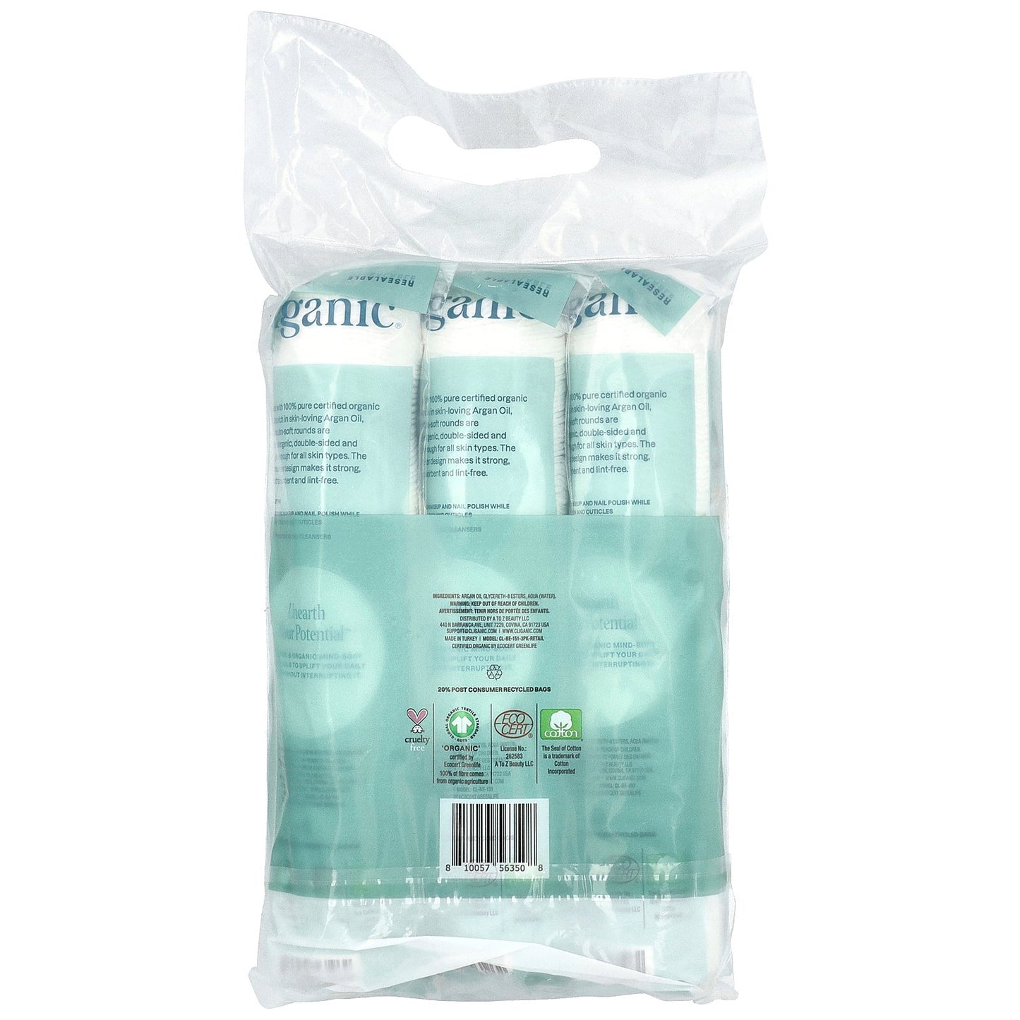 Cliganic, Organic Cotton Rounds Infused With Argan Oil , 3 Packs, (100 Cotton Rounds) Each