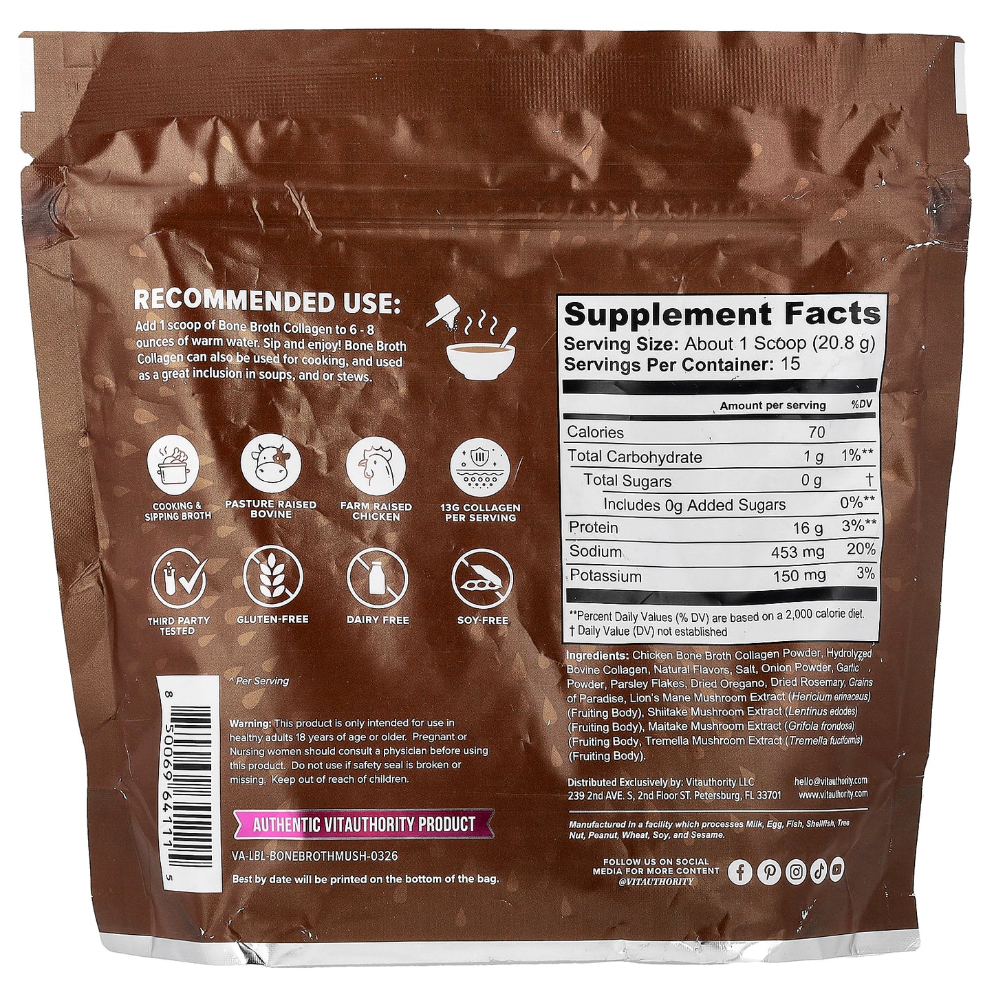 Vitauthority, Bone Broth Collagen, Cooking & Sipping Broth, Mushroom & Herb, 10.9 oz (312 g)