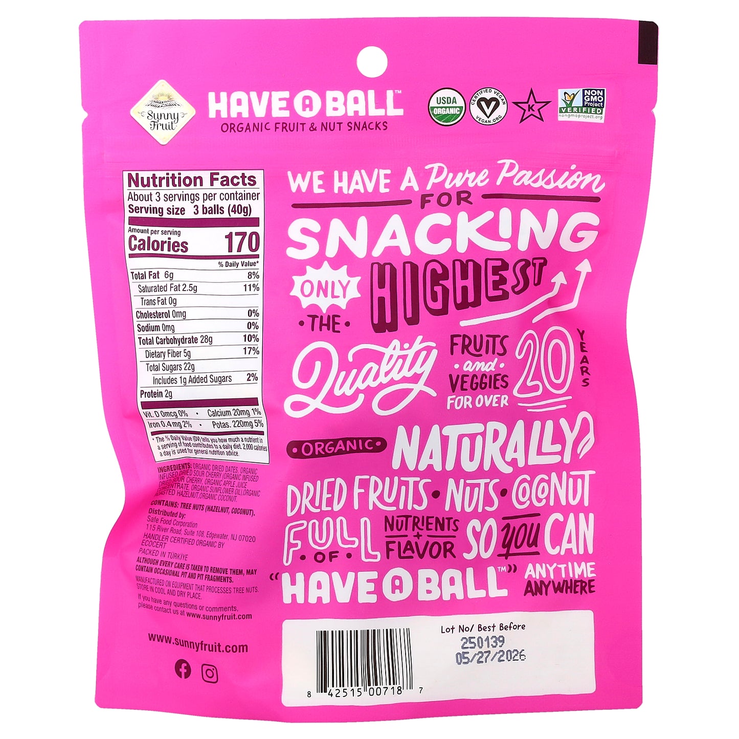 Sunny Fruit, Have A Ball™, Organic Fruit & Nut Snacks, Cherry & Hazelnut, 4.4 oz (126 g)
