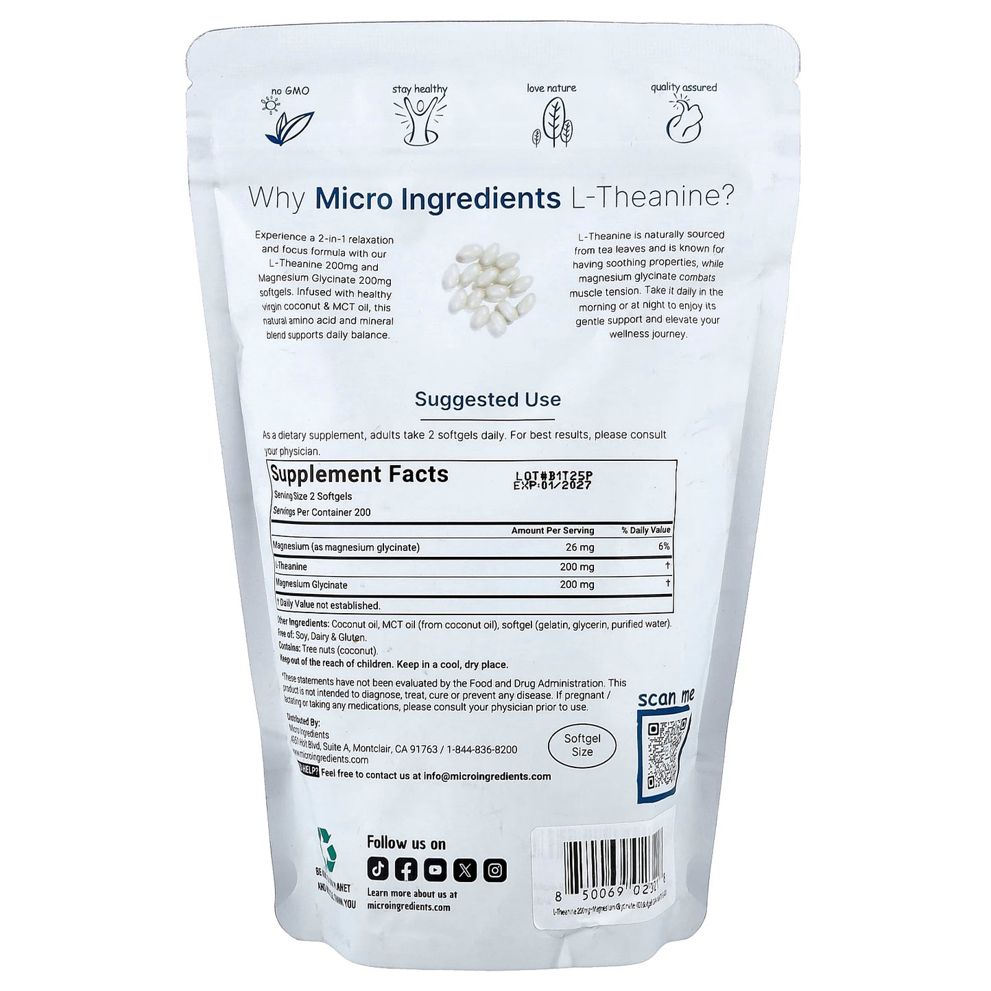 Micro Ingredients, L-Theanine + Magnesium Glycinate , 400 Softgels