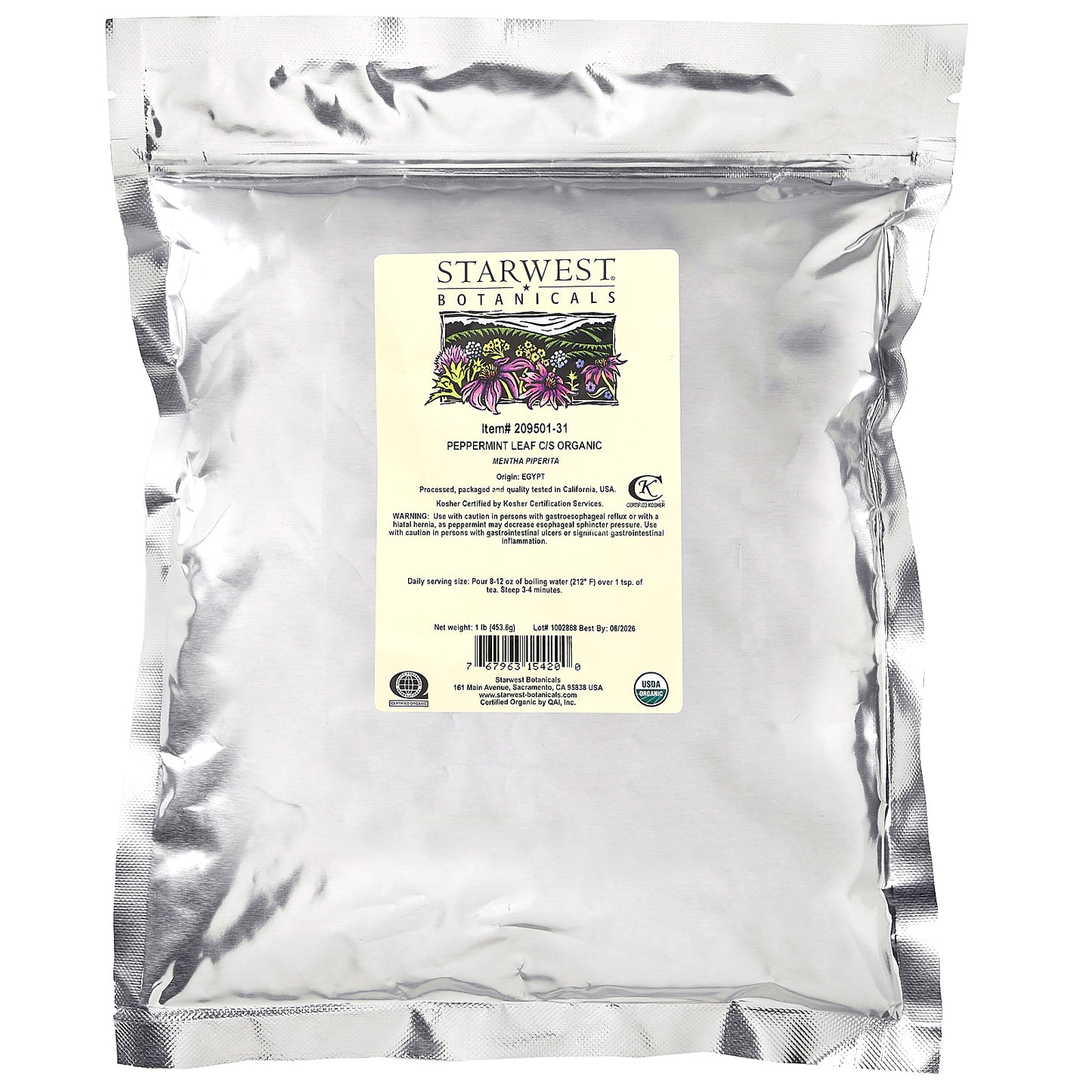 Starwest Botanicals, Organic Peppermint Leaf, Cut & Sifted, 1 lb (453.6 g)