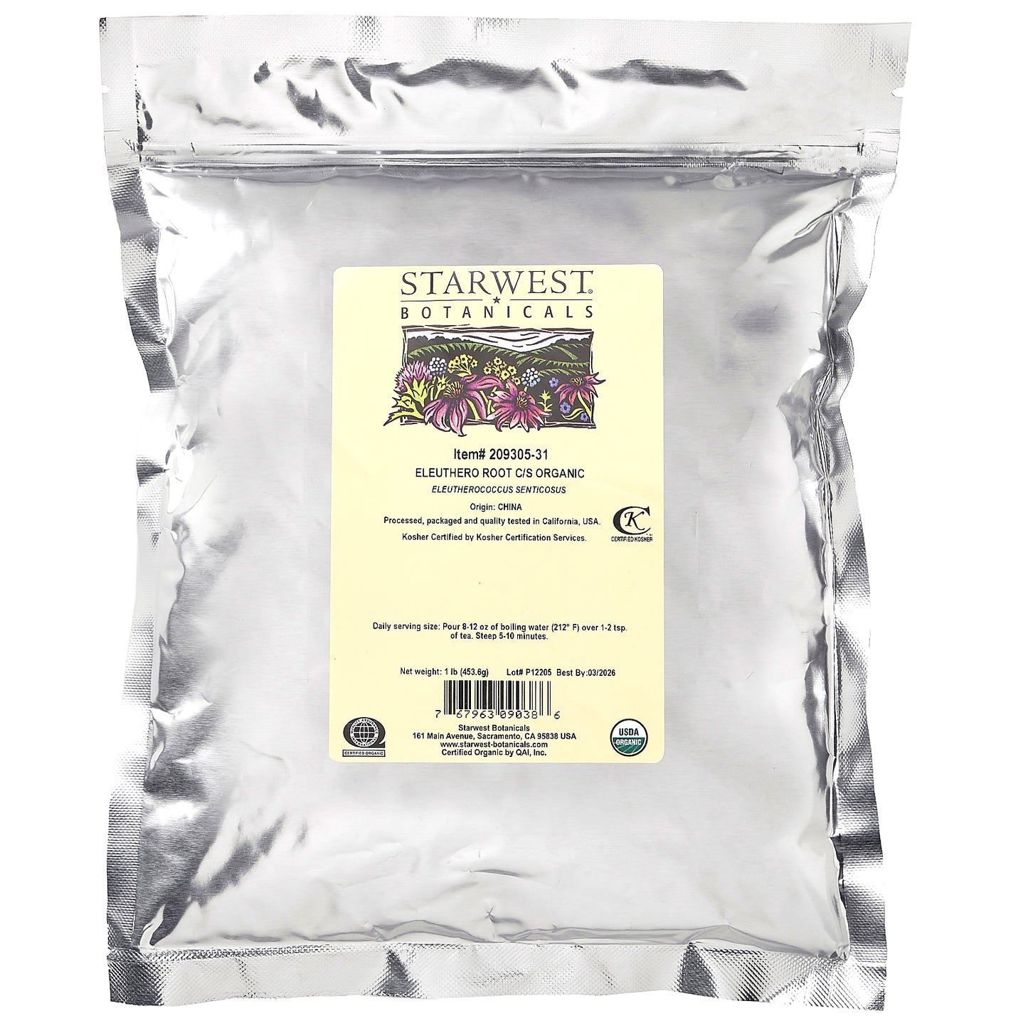 Starwest Botanicals, Organic Eleuthero Root, Cut & Sifted, 1 lb (453.6 g)