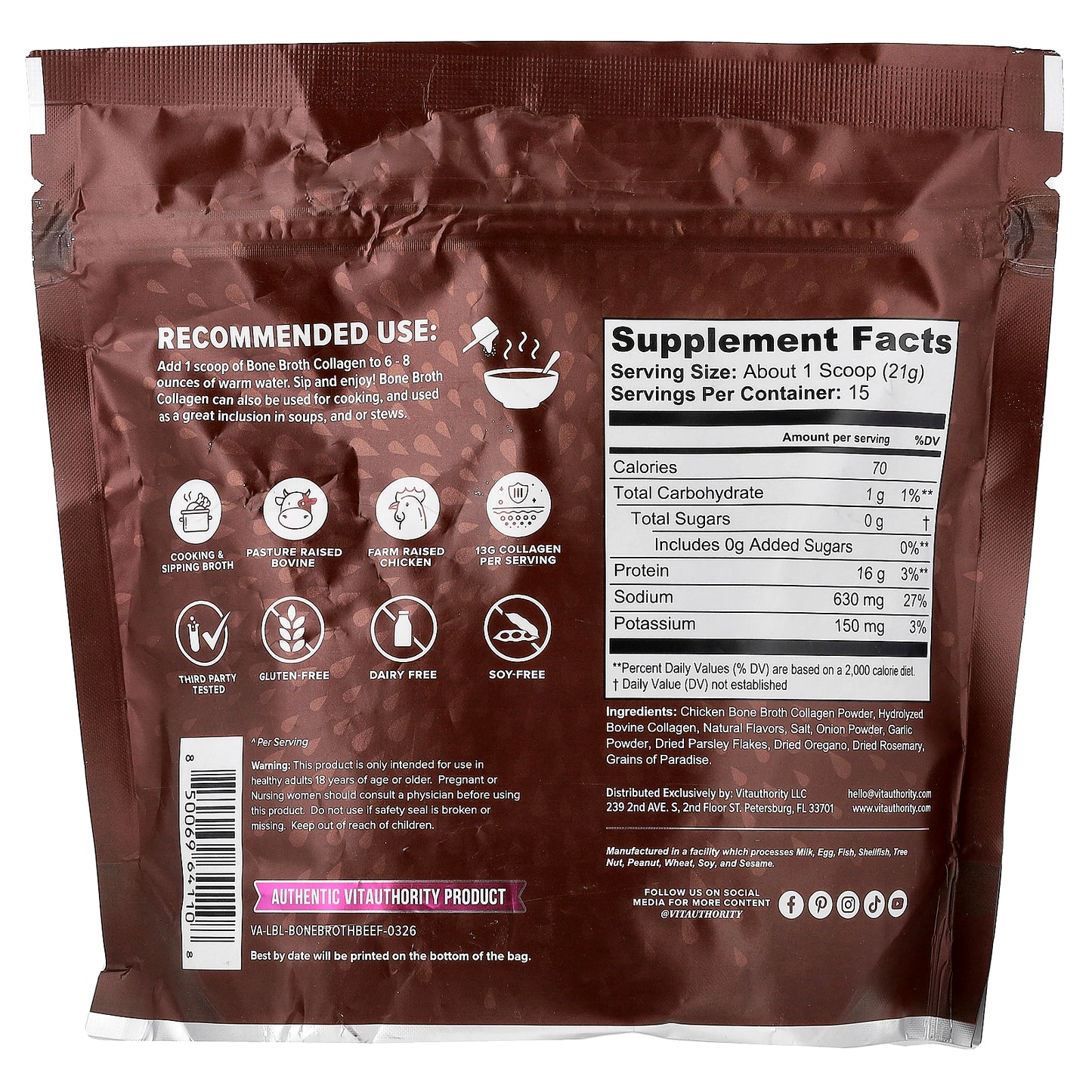 Vitauthority, Bone Broth Collagen, Cooking & Sipping Broth, Beef & Herb, 10.9 oz (315 g)