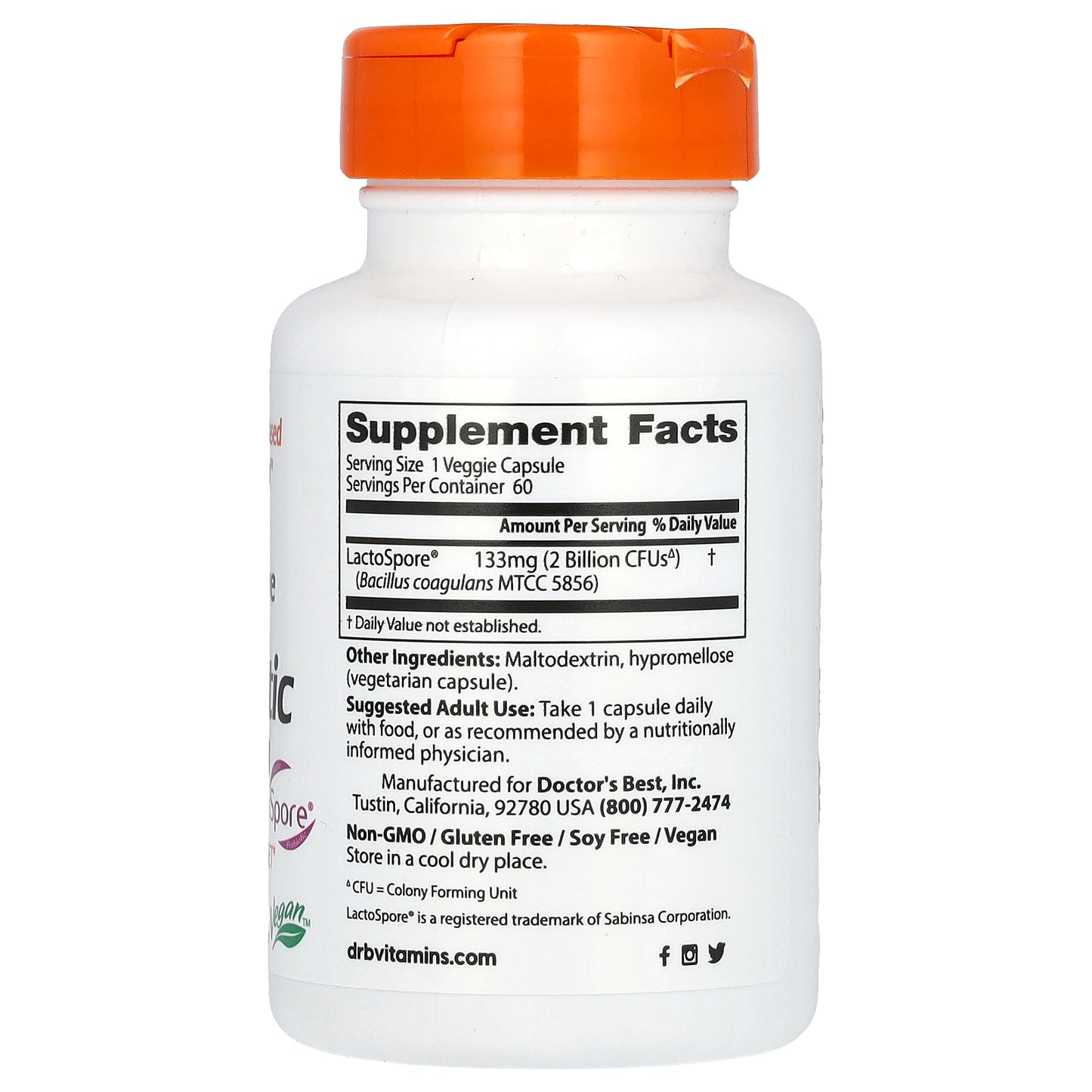 Doctor's Best, Digestive Health, Probiotic 2 Billion with LactoSpore, 2 Billion, 60 Veggie Caps