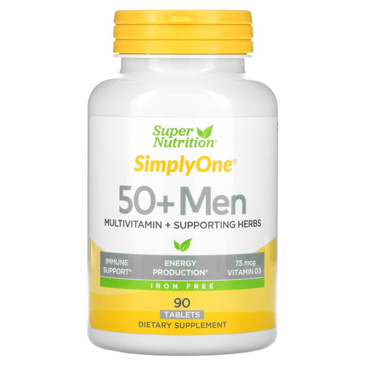 Super Nutrition, SimplyOne, Men's 50+ Multivitamin with  Supporting Herbs, Iron Free, 90 Tablets