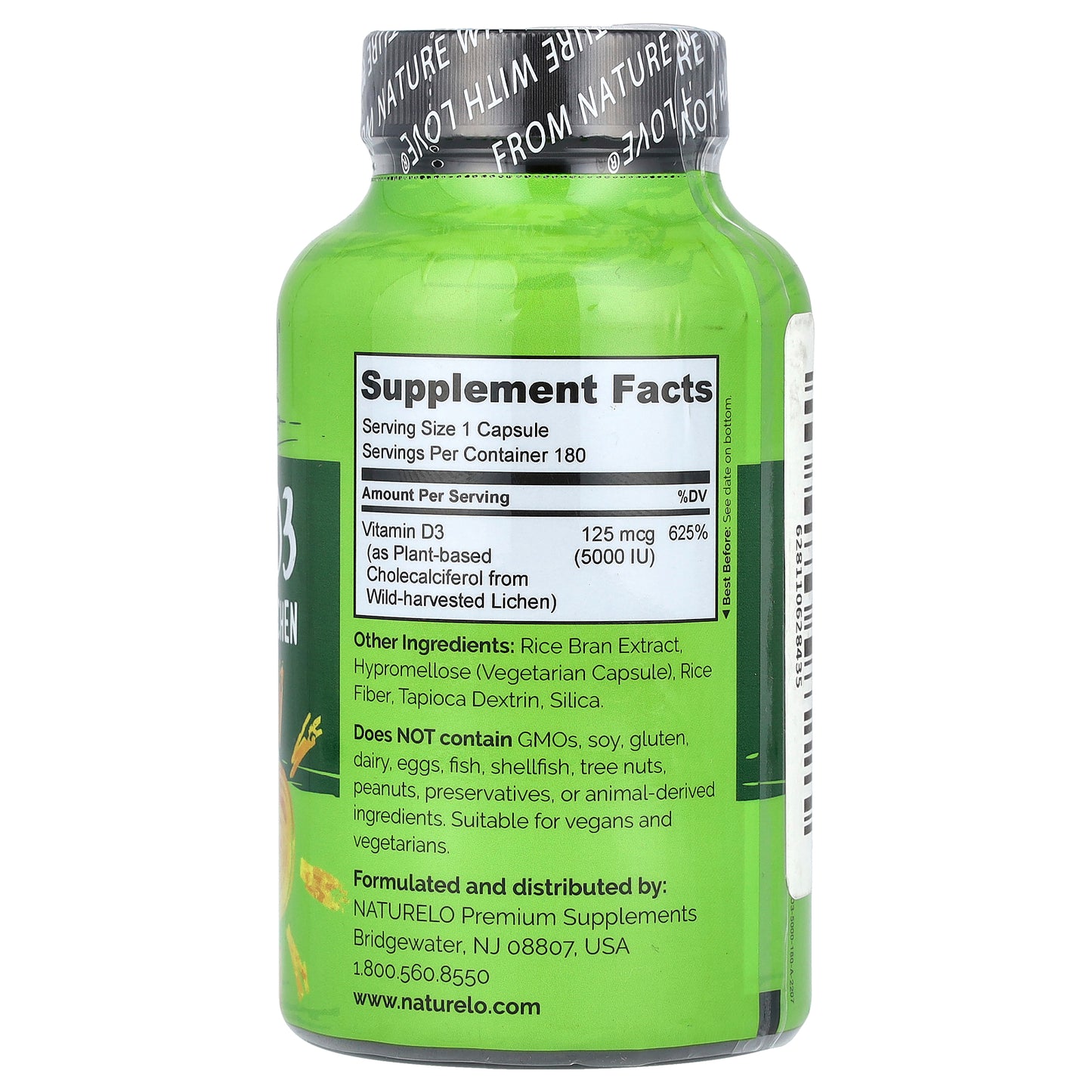 NATURELO, Vitamin D3, 125 mcg (5,000 IU), 180 Easy Swallow Capsules