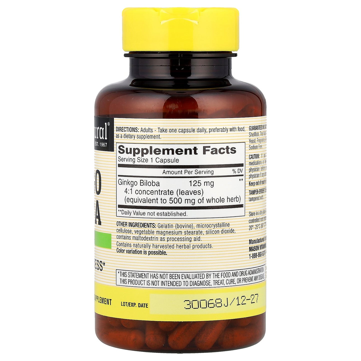 Mason Natural, Whole Herb Ginkgo Biloba, 180 Capsules (125 mg per Capsule)