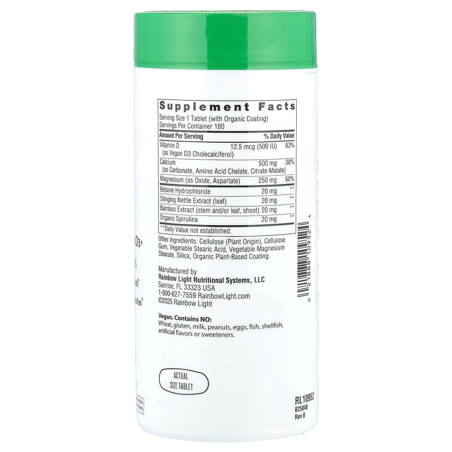 Rainbow Light, Calcium with Magnesium & Vegan D3+, 180 Tablets