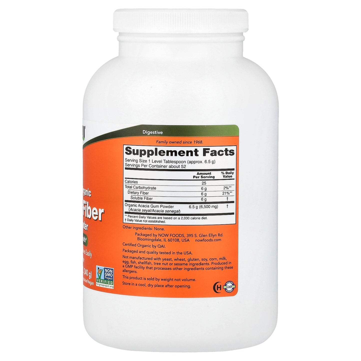 NOW Foods, Certified Organic Acacia Fiber Pure Powder, 12 oz (340 g)