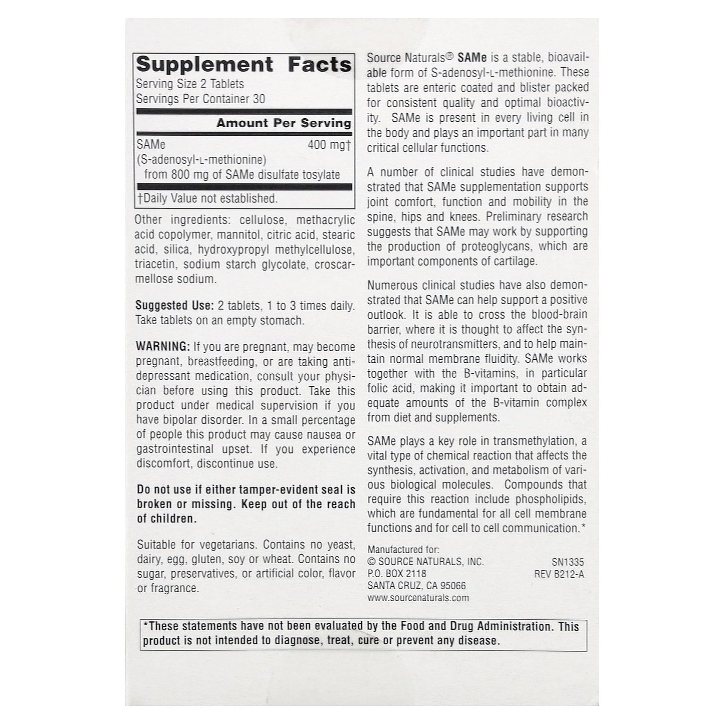 Source Naturals, SAMe, 60 Enteric Coated Tablets (200 mg per Tablet)