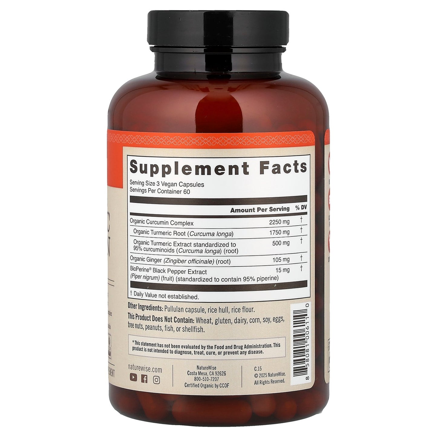 NatureWise, Organic Turmeric Curcumin, 180 Vegan Capsules