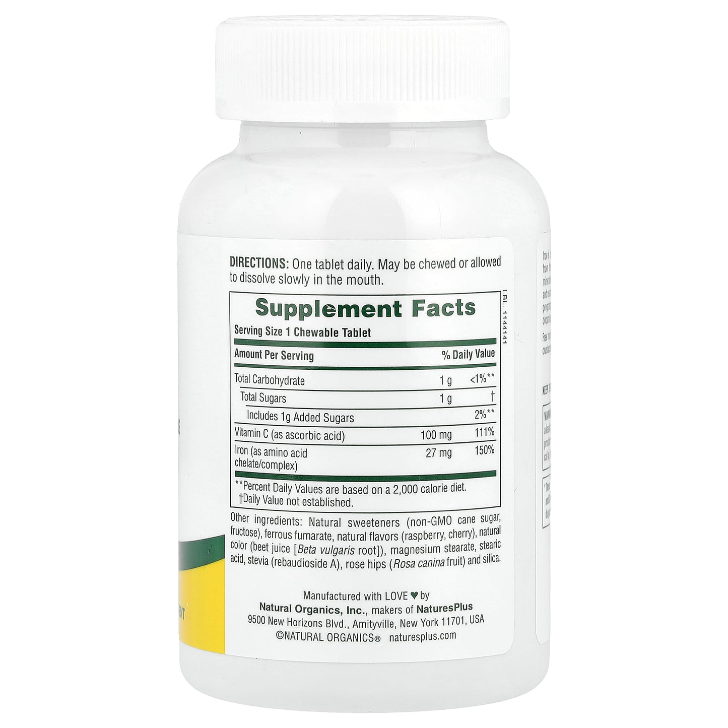 NaturesPlus, Chewable Iron with Vitamin C and Herbs, Cherry, 90 Tablets