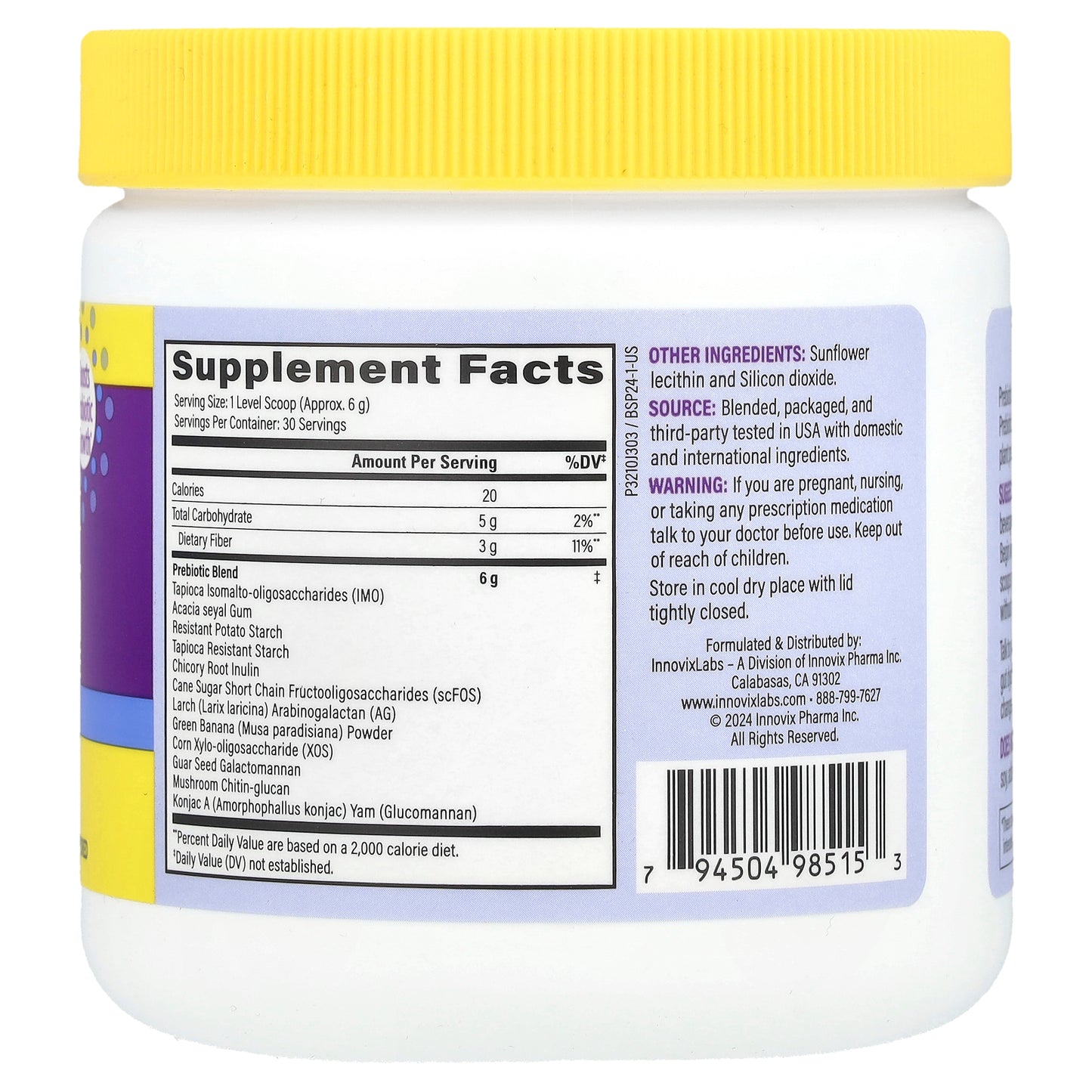 InnovixLabs, Broad Spectrum Prebiotic Fiber, Unflavored, 6.4 oz (180 g)