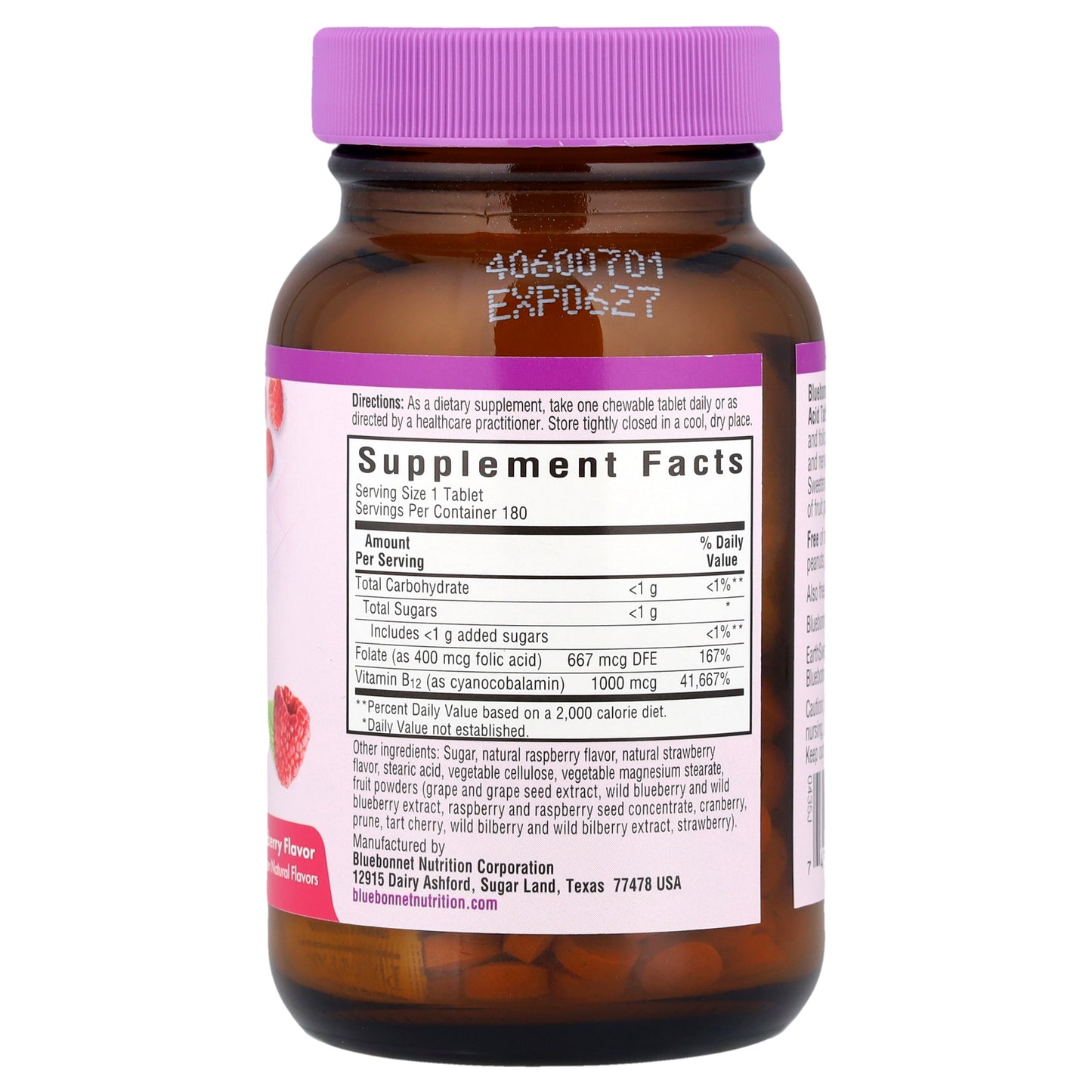 Bluebonnet Nutrition, EarthSweet® Chewables, Vitamin B-12 & Folic Acid, Raspberry, 180 Chewable Tablets