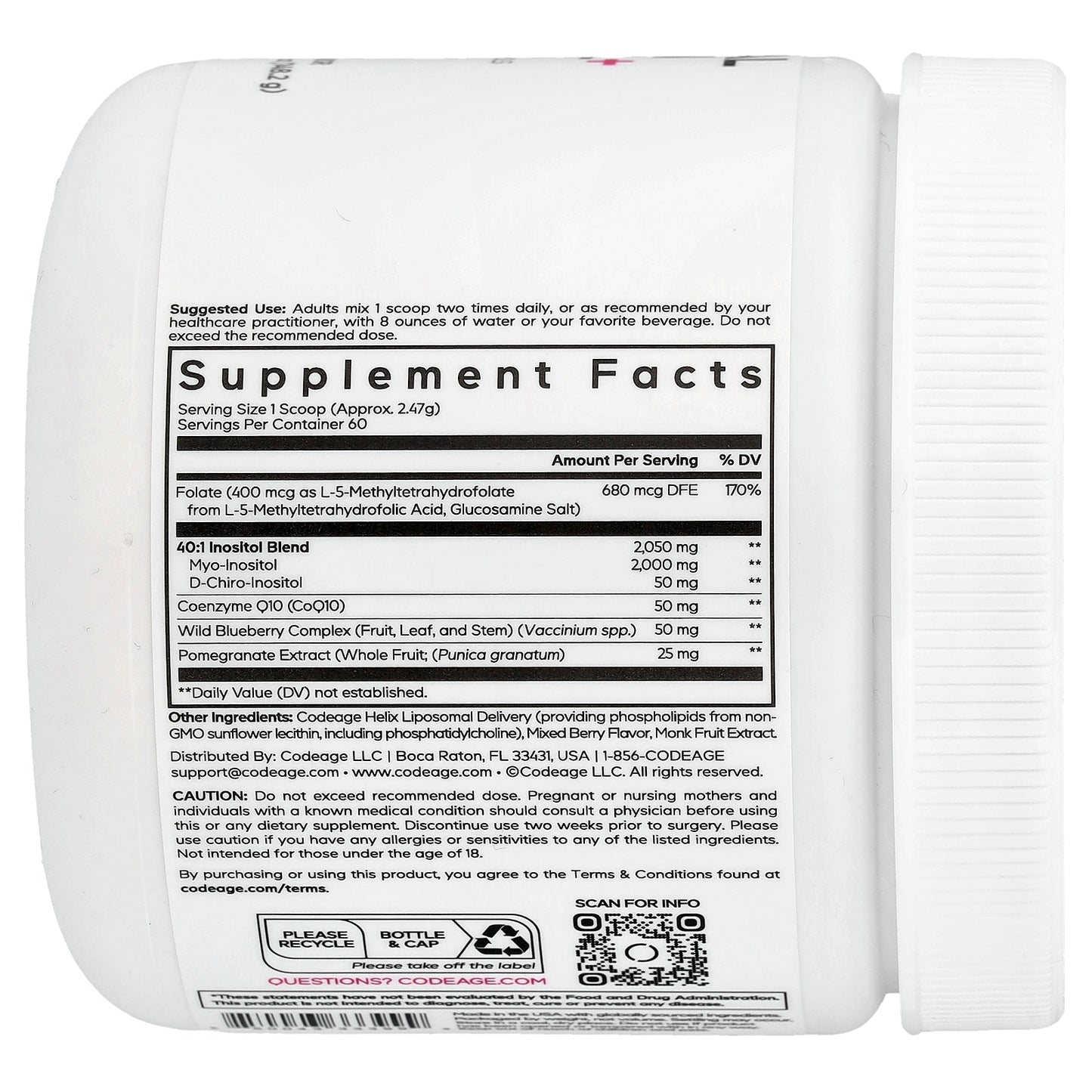 Codeage, Liposomal Ovarian Inositol+ Powder, Mixed Berry, 5.2 oz (148.2 g)