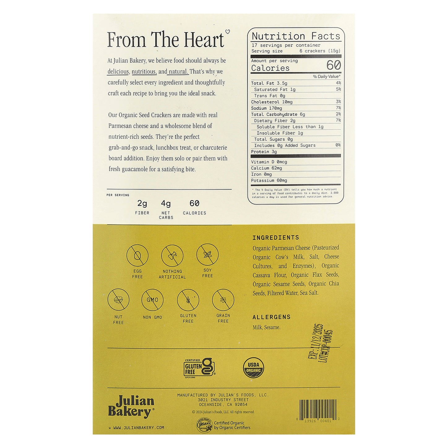 Julian Bakery, Organic Seed Crackers, Parmesan, 8.4 oz (238 g)