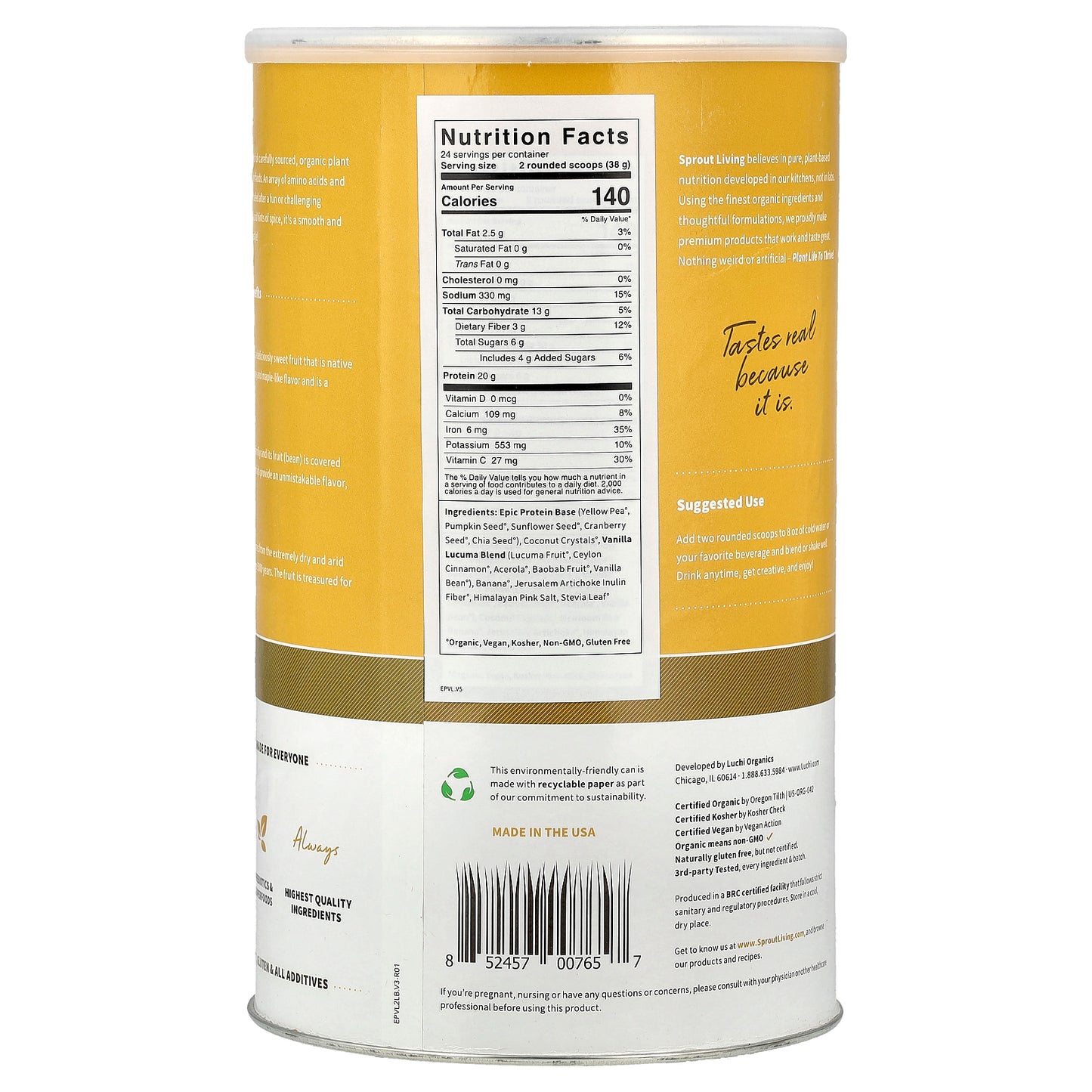 Sprout Living, Epic Protein®, Organic Plant Protein + Superfoods, Vanilla Lucuma, 2 lb (912 g)