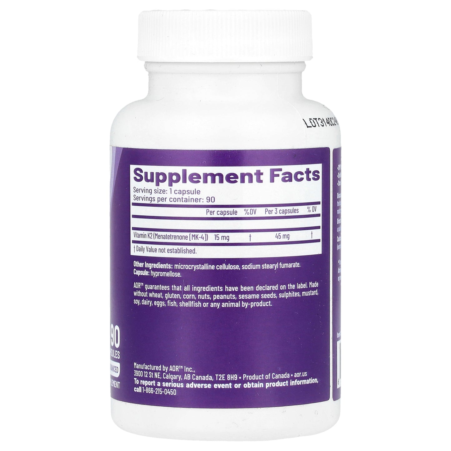 Advanced Orthomolecular Research AOR, Peak K2, 15 mg, 90 Capsules