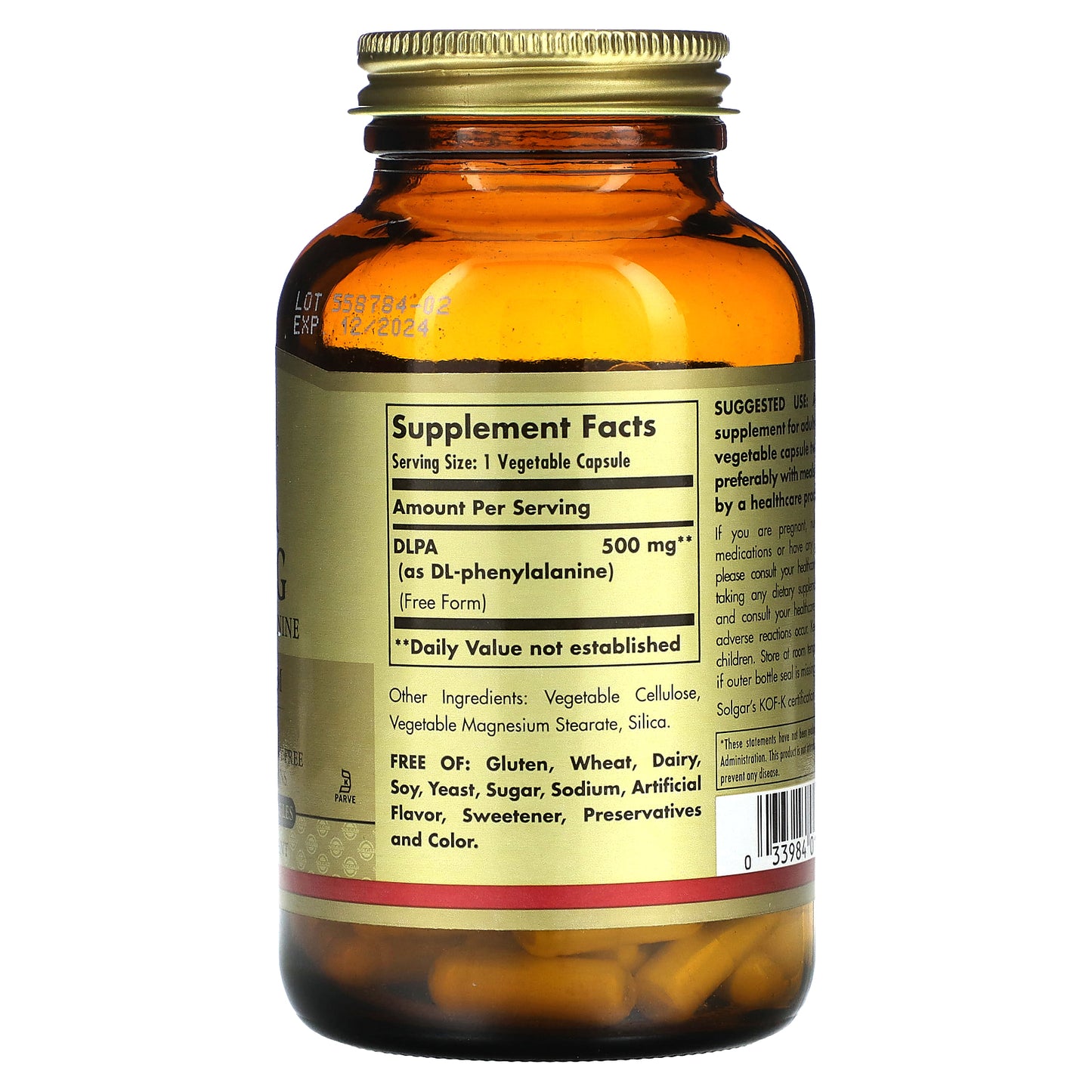 Solgar, DLPA, DL-Phenylalanine, Free Form, 500 mg, 100 Vegetable Capsules