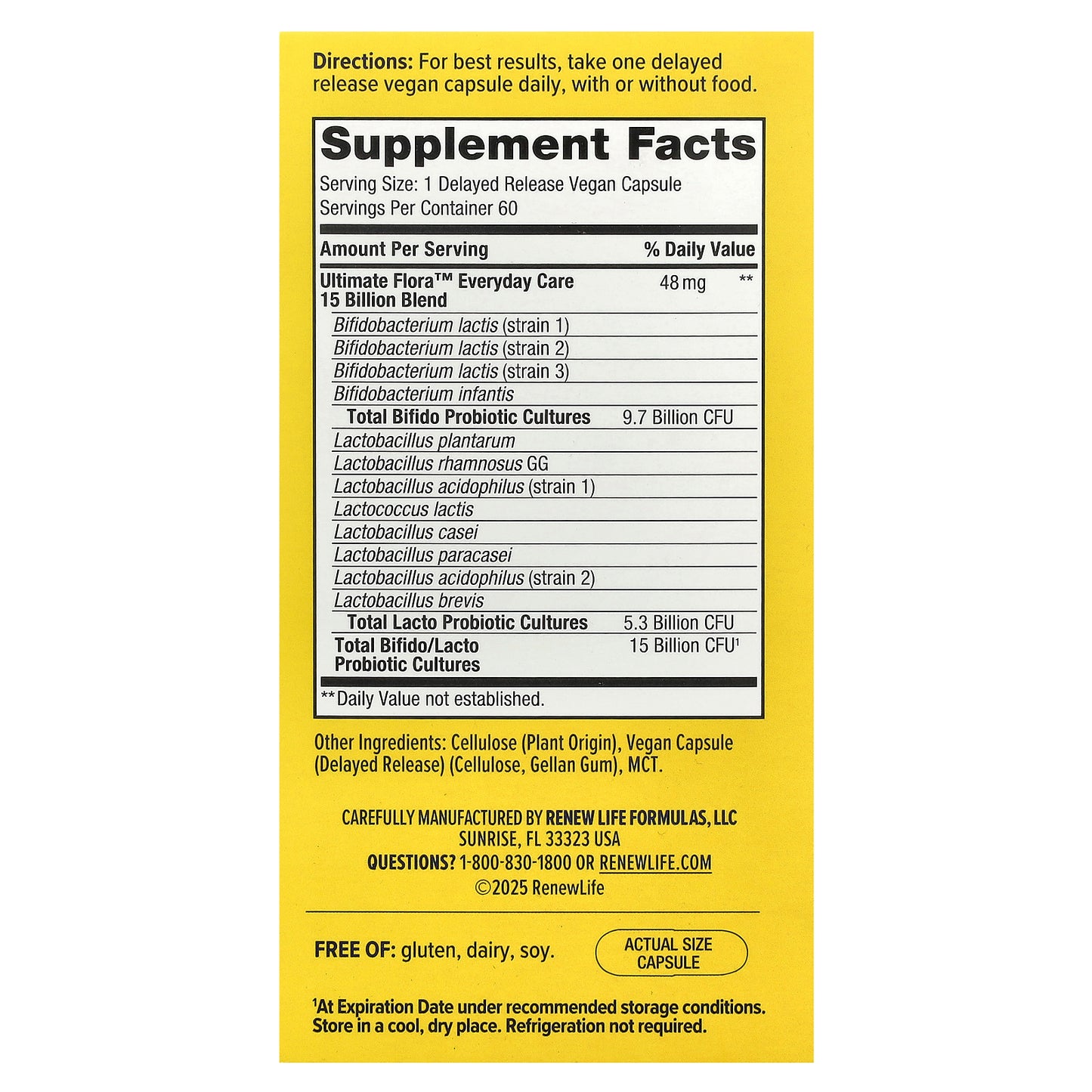 Renew Life, Ultimate Flora™ Everyday Care Probiotic, 15 Billion CFU, 60 Delayed Release Vegan Capsules