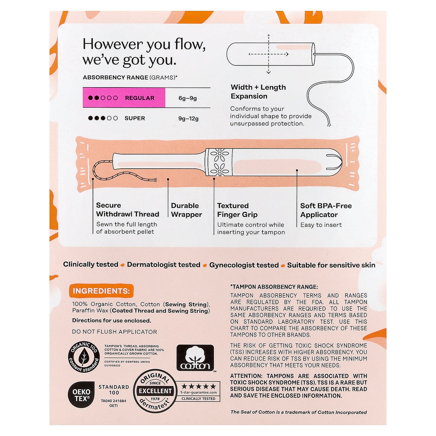 The Honey Pot Company, 100% Organically Grown Cotton Absorbent Tampons, Regular, 18 Count