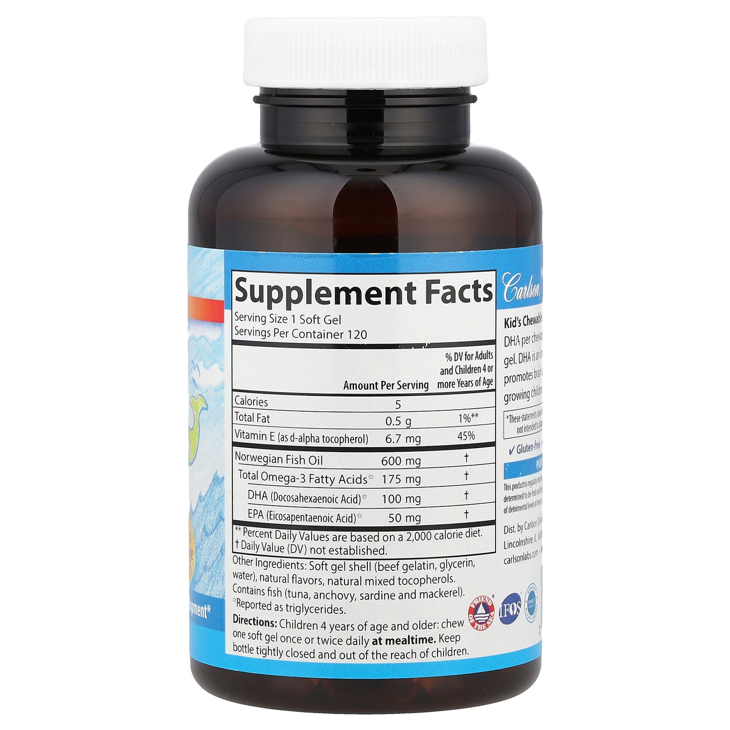 Carlson, Kid's Chewable DHA, Bursting Orange, 120 Soft Gels