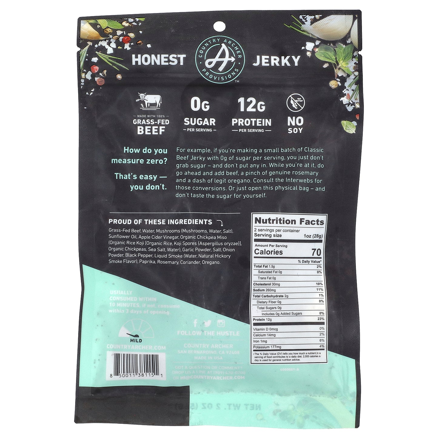 Country Archer Jerky, Grass-Fed Beef Jerky, Classic, 2 oz (56 g)