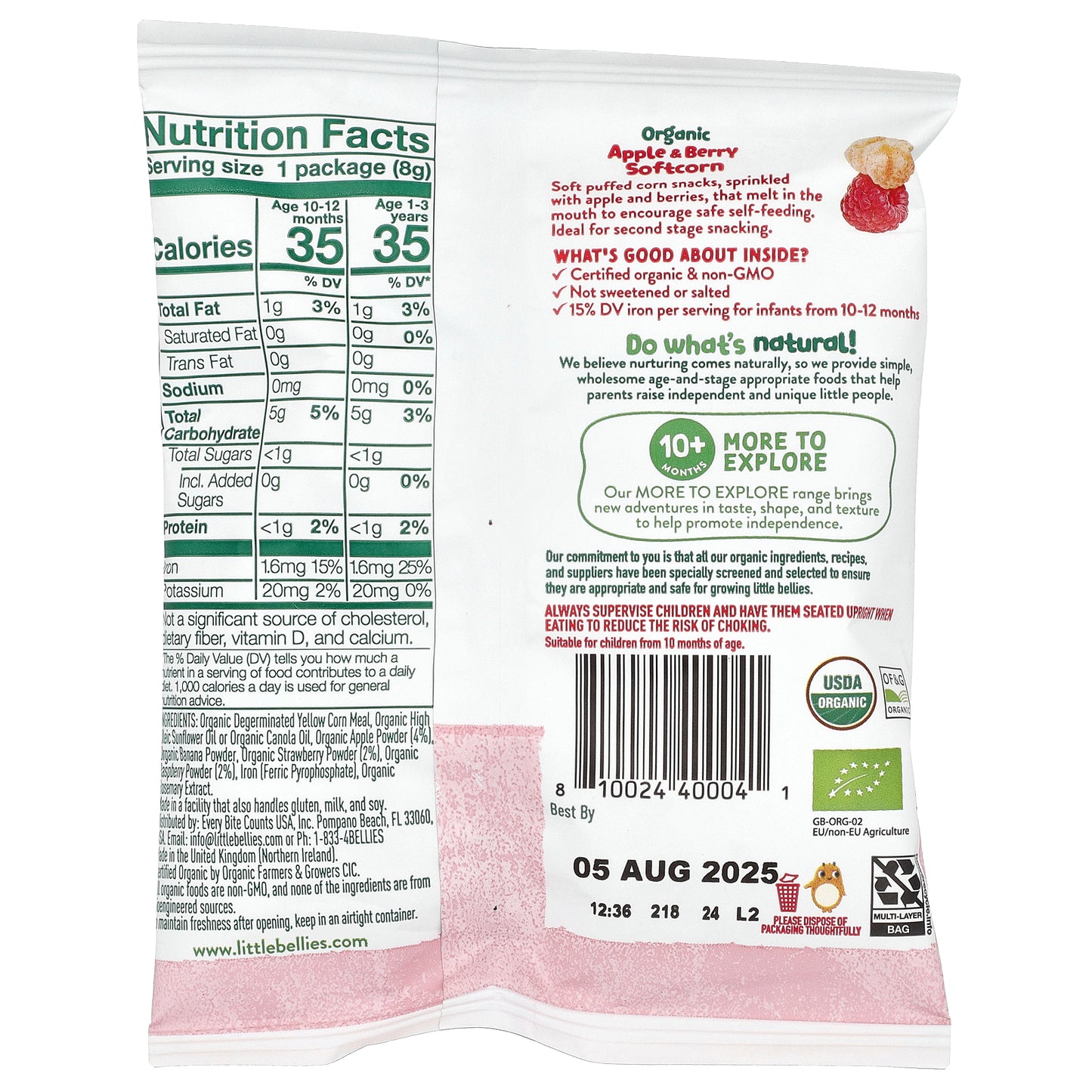 Little Bellies, Organic Apple & Berry Softcorn, 10+ Months, 18 Bags, 0.28 oz (8 g) Each
