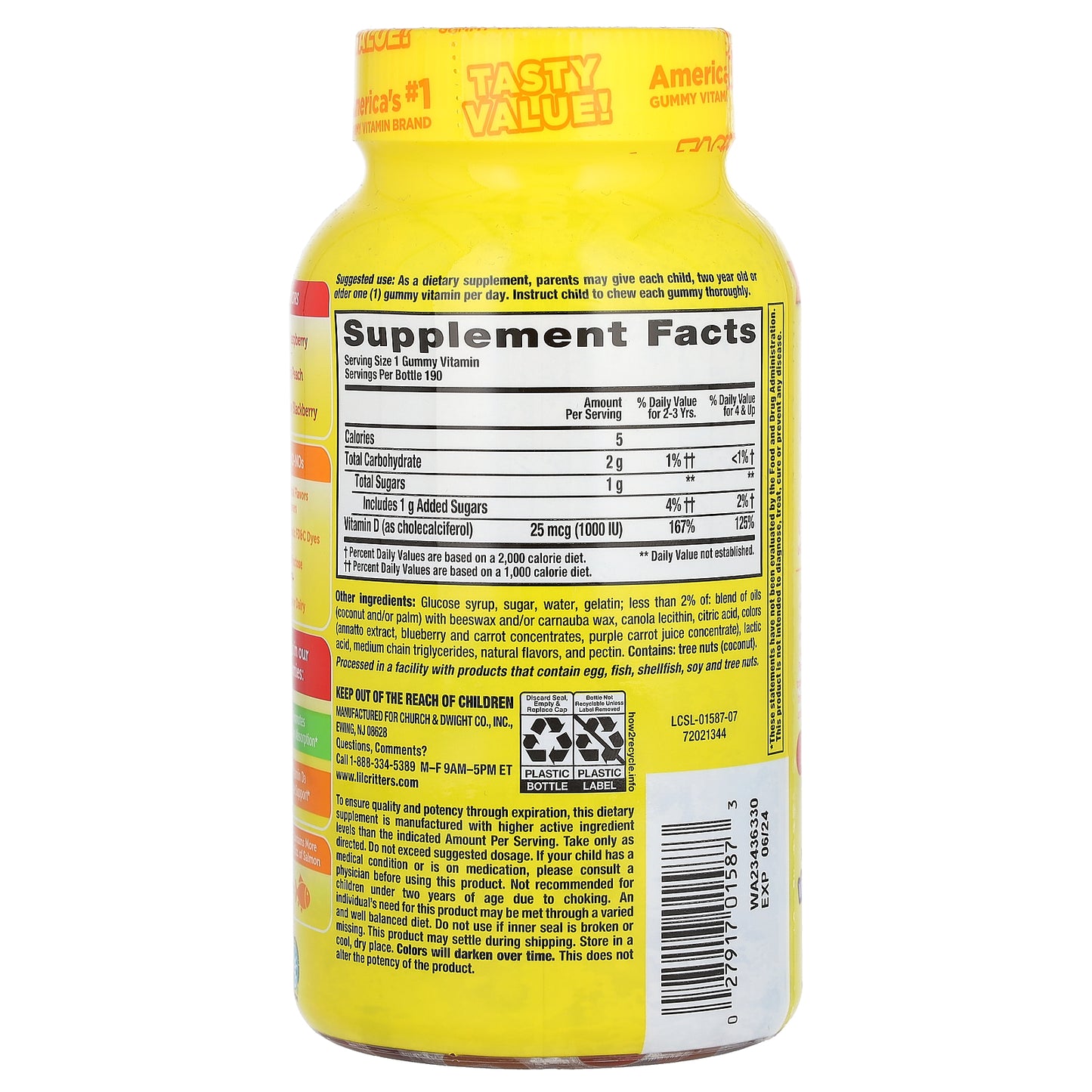 L'il Critters, Vitamin D3, Raspberry, Peach and Blackberry, 25 mcg (1,000 IU), 190 Gummies