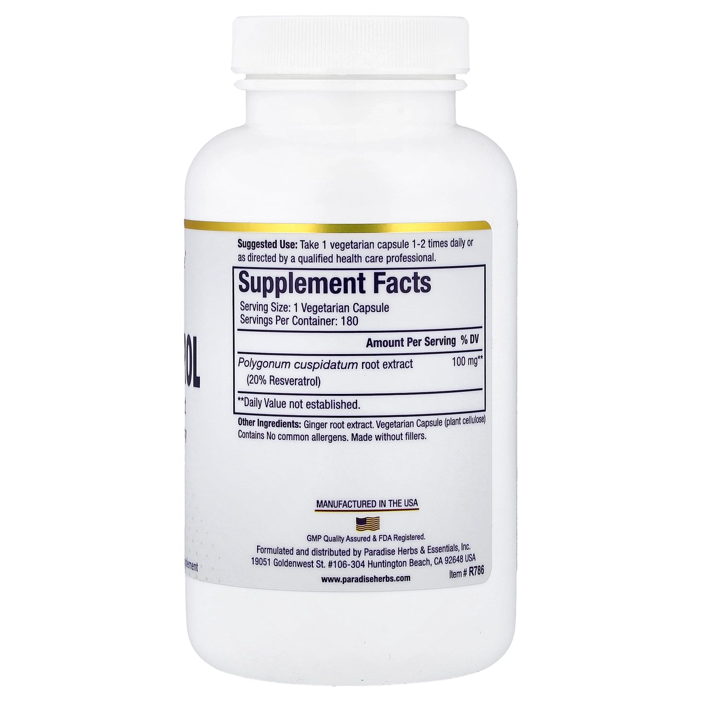 Paradise Herbs, Resveratrol Premium Extract, 180 Vegetarian Capsules (100 mg per Capsule)