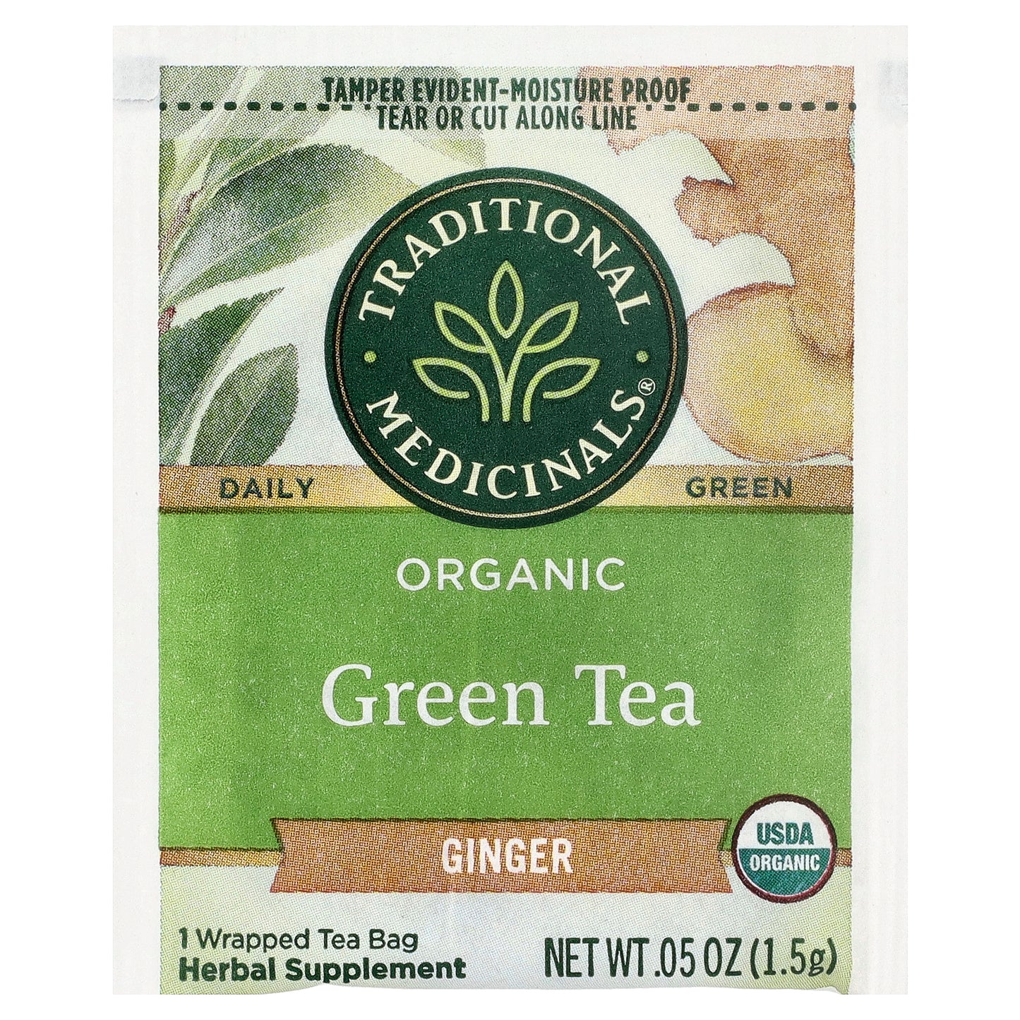 Traditional Medicinals, Organic Green Tea, Ginger, 16 Wrapped Tea Bags, 0.85 oz (24 g)
