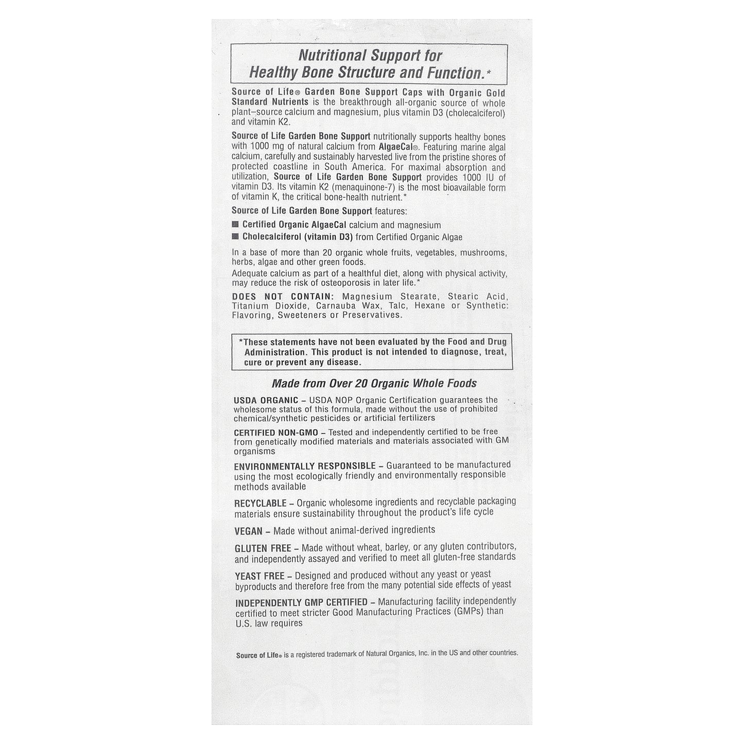 NaturesPlus, Source of Life® Garden, Bone Support, 120 Vegan Capsules