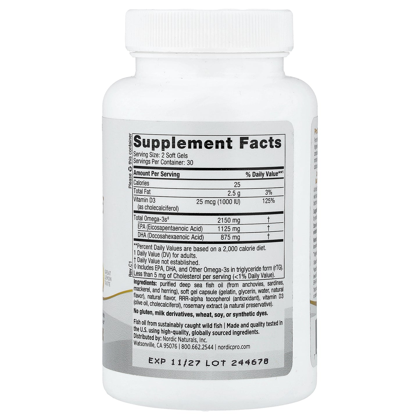 Nordic Naturals, ProOmega® 2000-D, Lemon, 60 Soft Gels