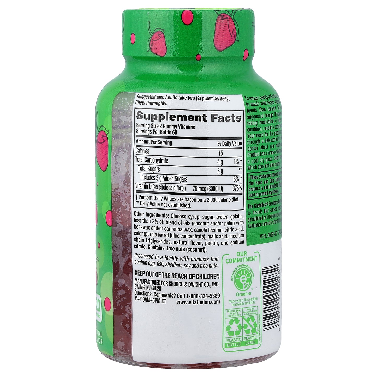 VitaFusion, Gummy Vitamins, Vitamin D3, Natural Strawberry, 75 mcg, 120 Gummies (37.5 mcg per Gummy)