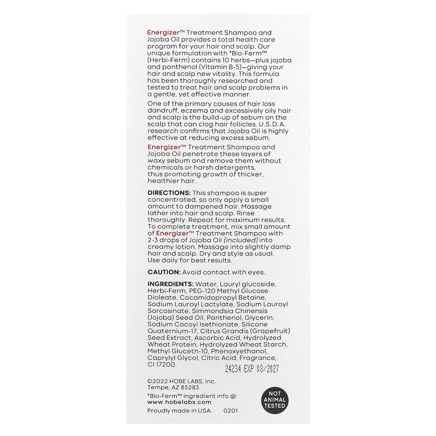 Hobe Labs, Energizer™, Treatment Shampoo, For Thicker, Fuller, Healthier Hair, 4 fl oz (118 ml)