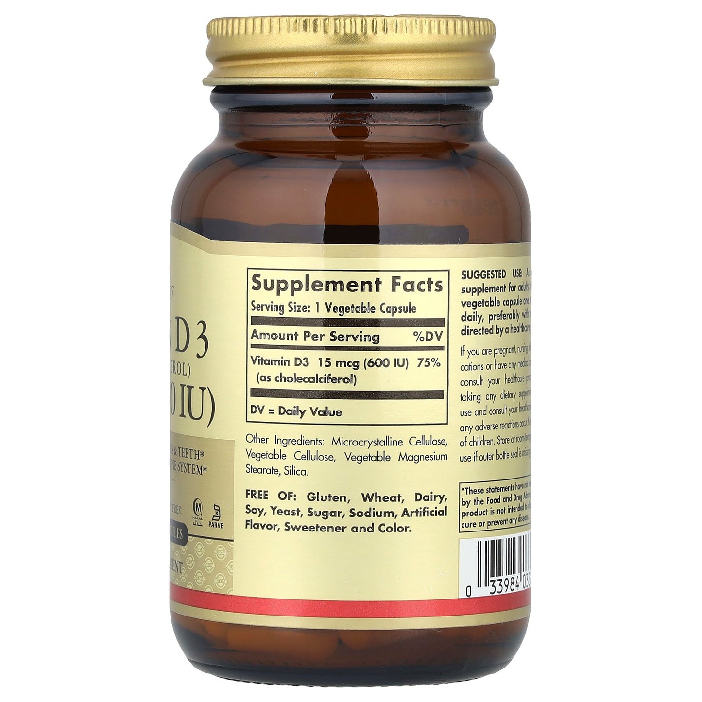 Solgar, Vitamin D3 (Cholecalciferol), 15 mcg (600 IU), 120 Vegetable Capsules