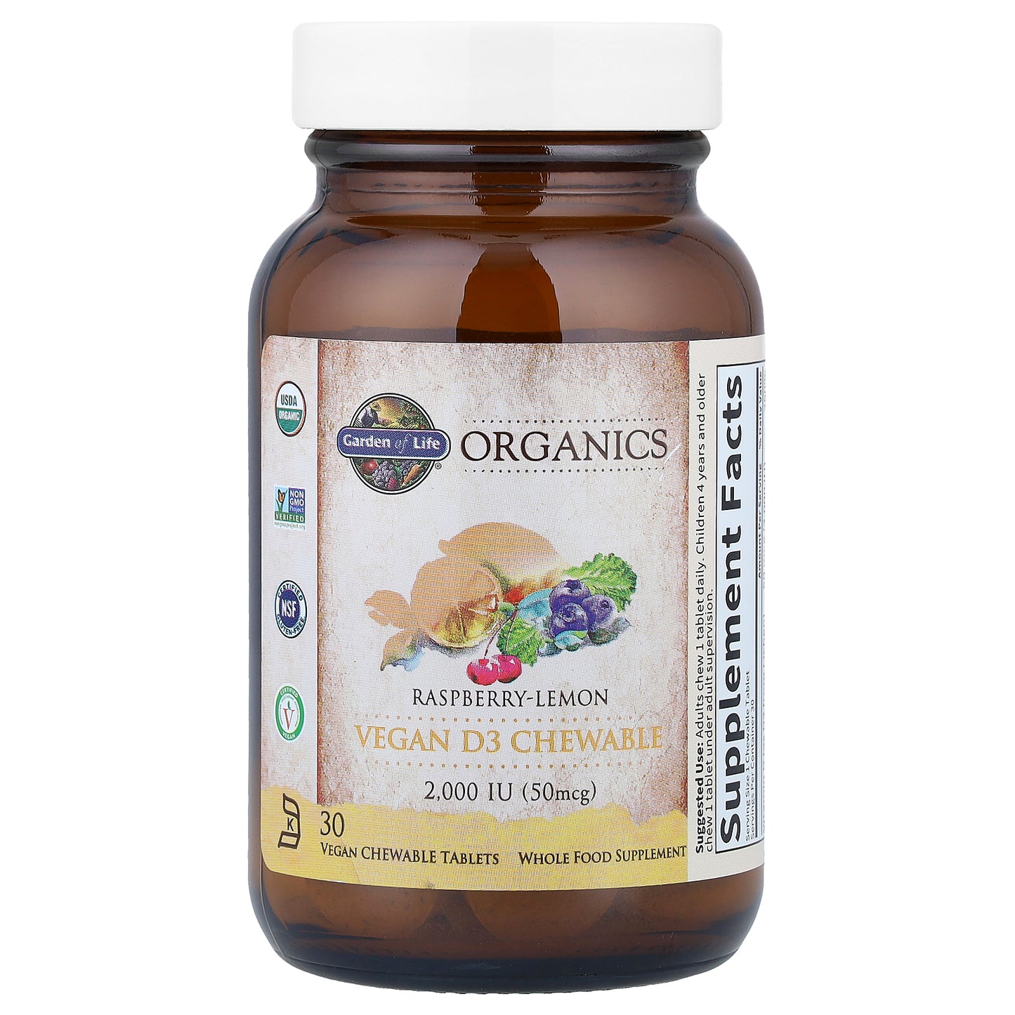 Garden of Life, Organics, Vegan D3 Chewable, Raspberry-Lemon, 30 Vegan Chewable Tablets