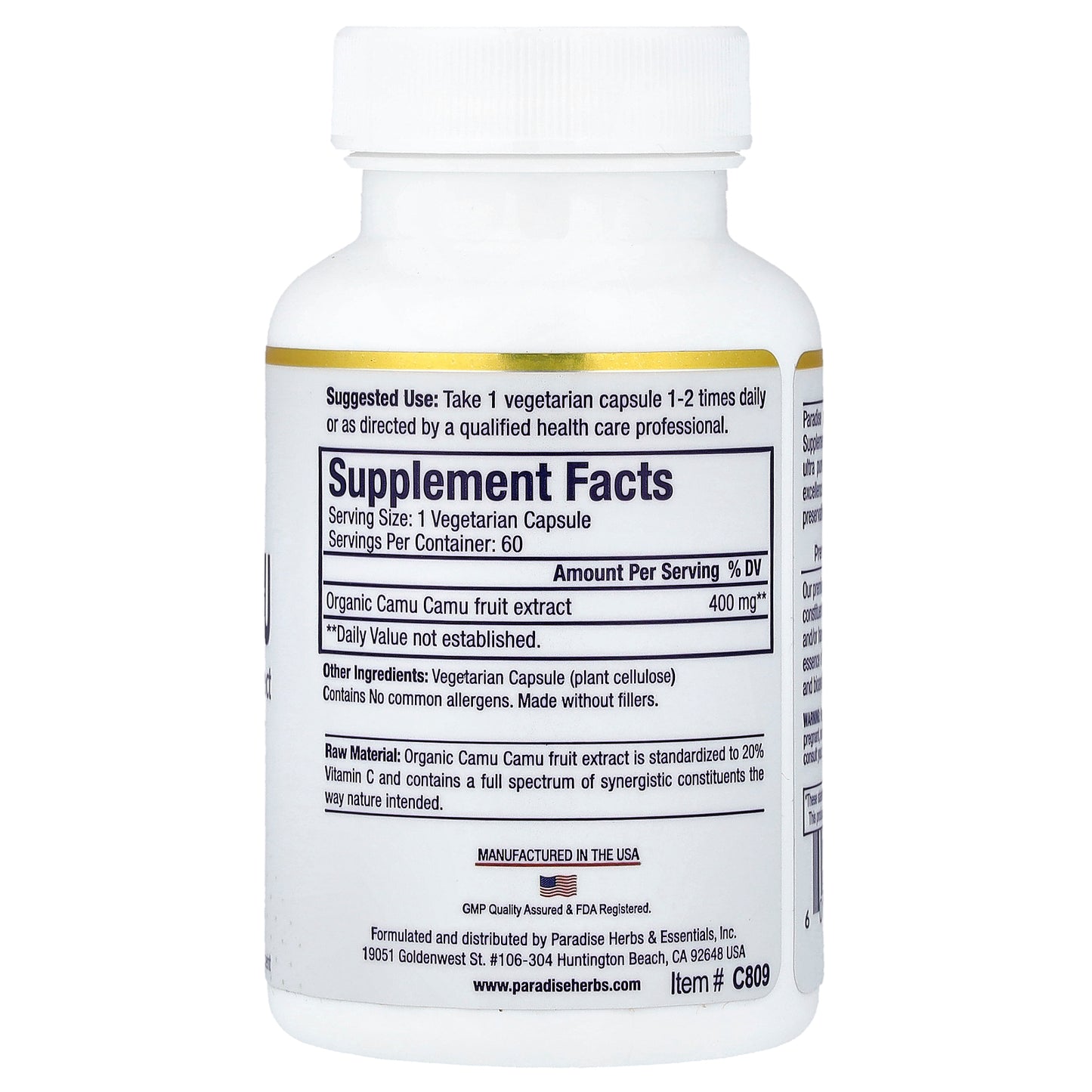 Paradise Herbs, Camu Camu Extract, 400 mg, 60 Vegetarian Capsules