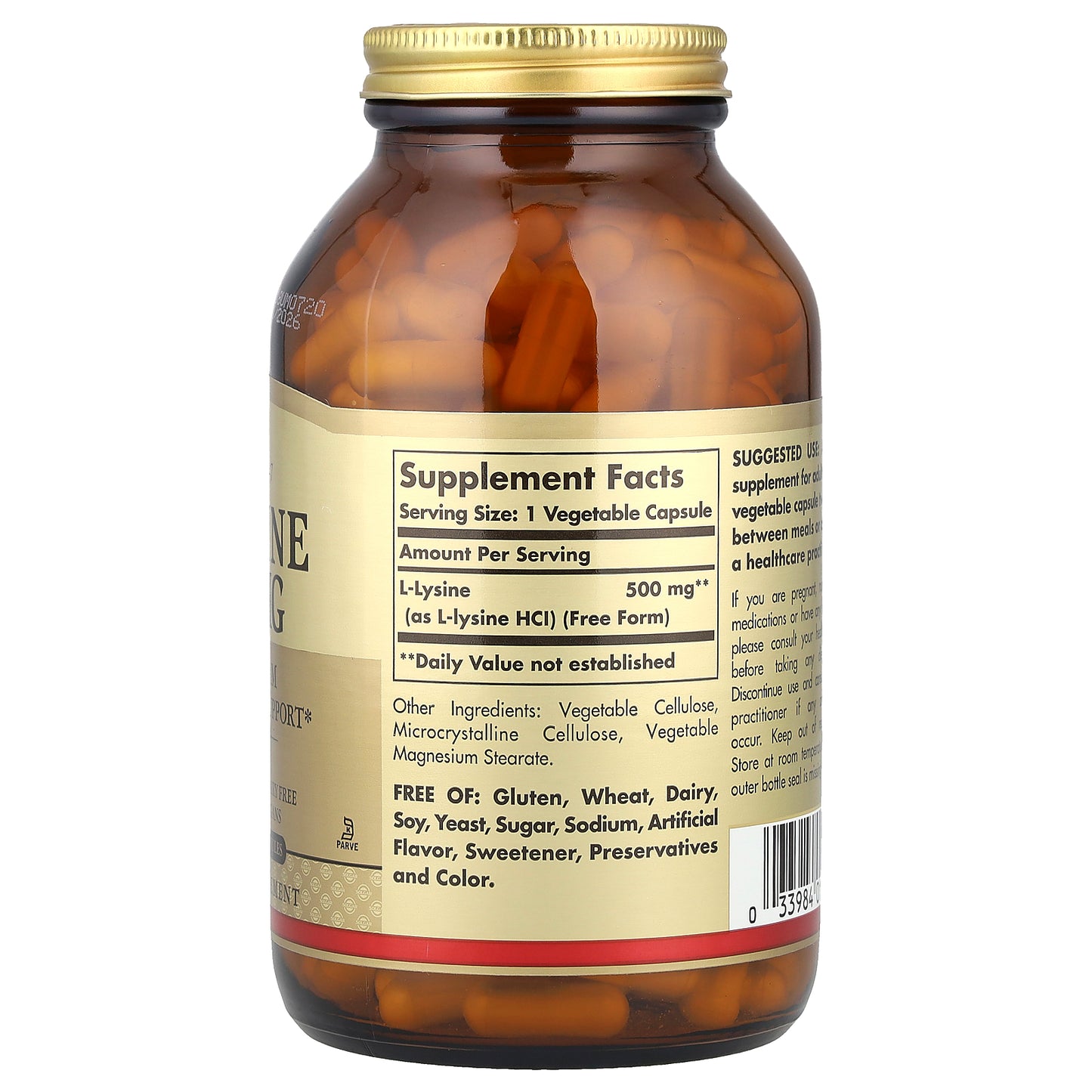 Solgar, L-Lysine, Free Form, 500 mg, 250 Vegetable Capsules