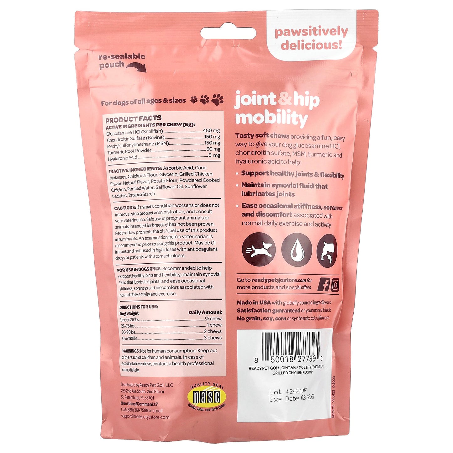 Ready Pet Go, Joint & Hip Mobility, For Dogs, All Ages, Grilled Chicken, 90 Soft Chews, 15.9 oz (450 g)