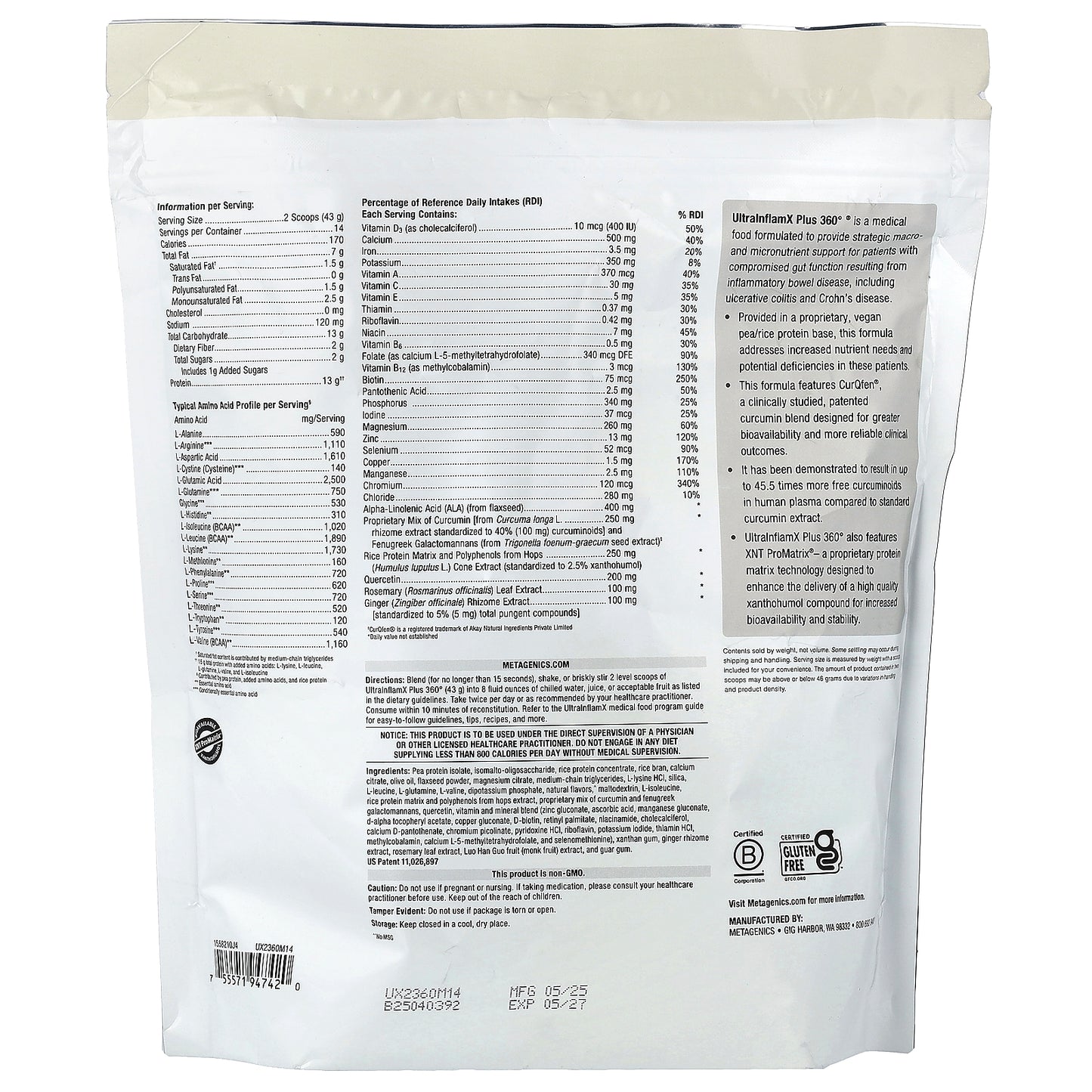 Metagenics, UltraInflamX Plus 360°, Tropical Mango, 1 lb 5.23 oz (602 g)