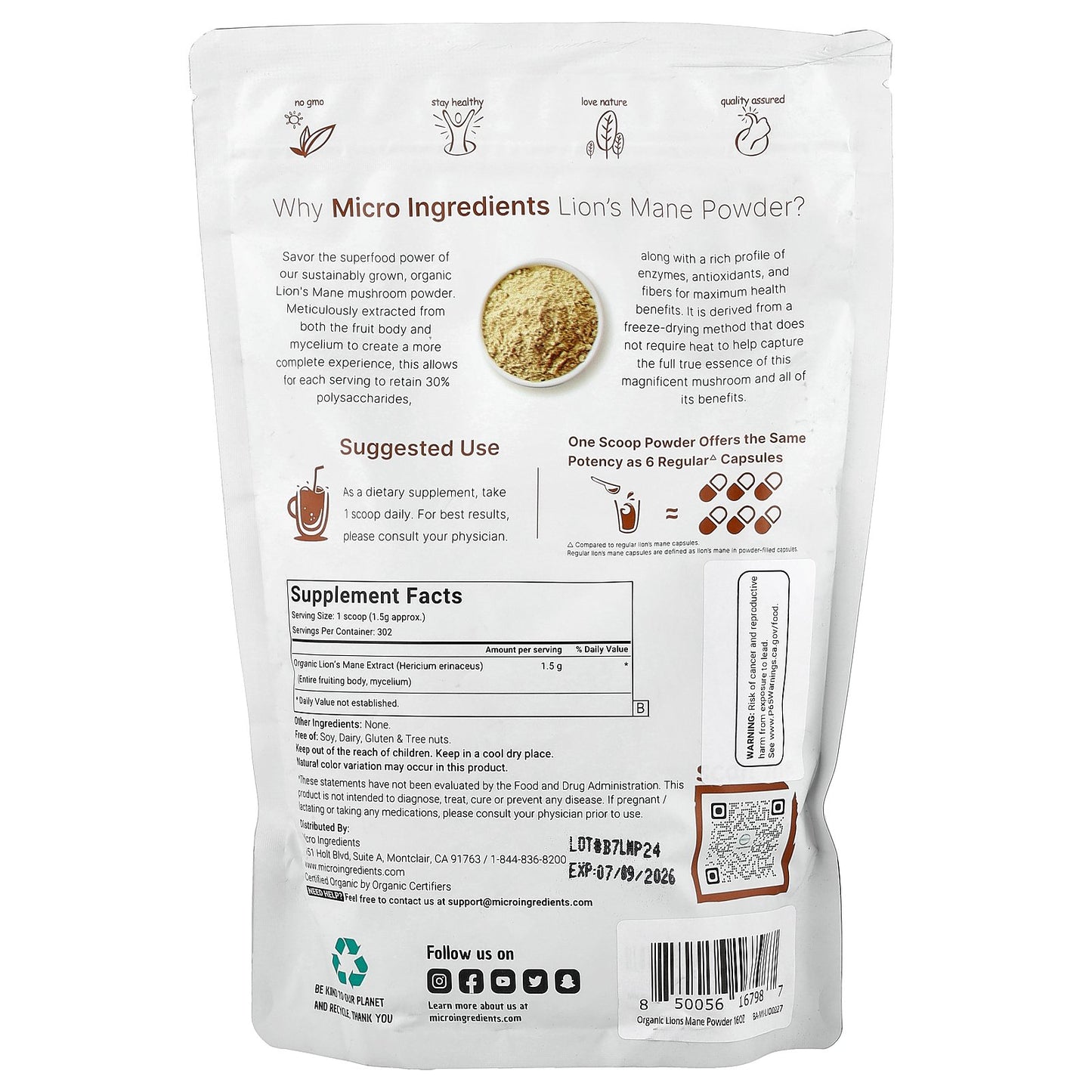 Micro Ingredients, Organic Lion's Mane Powder, 1 lb (454 g)