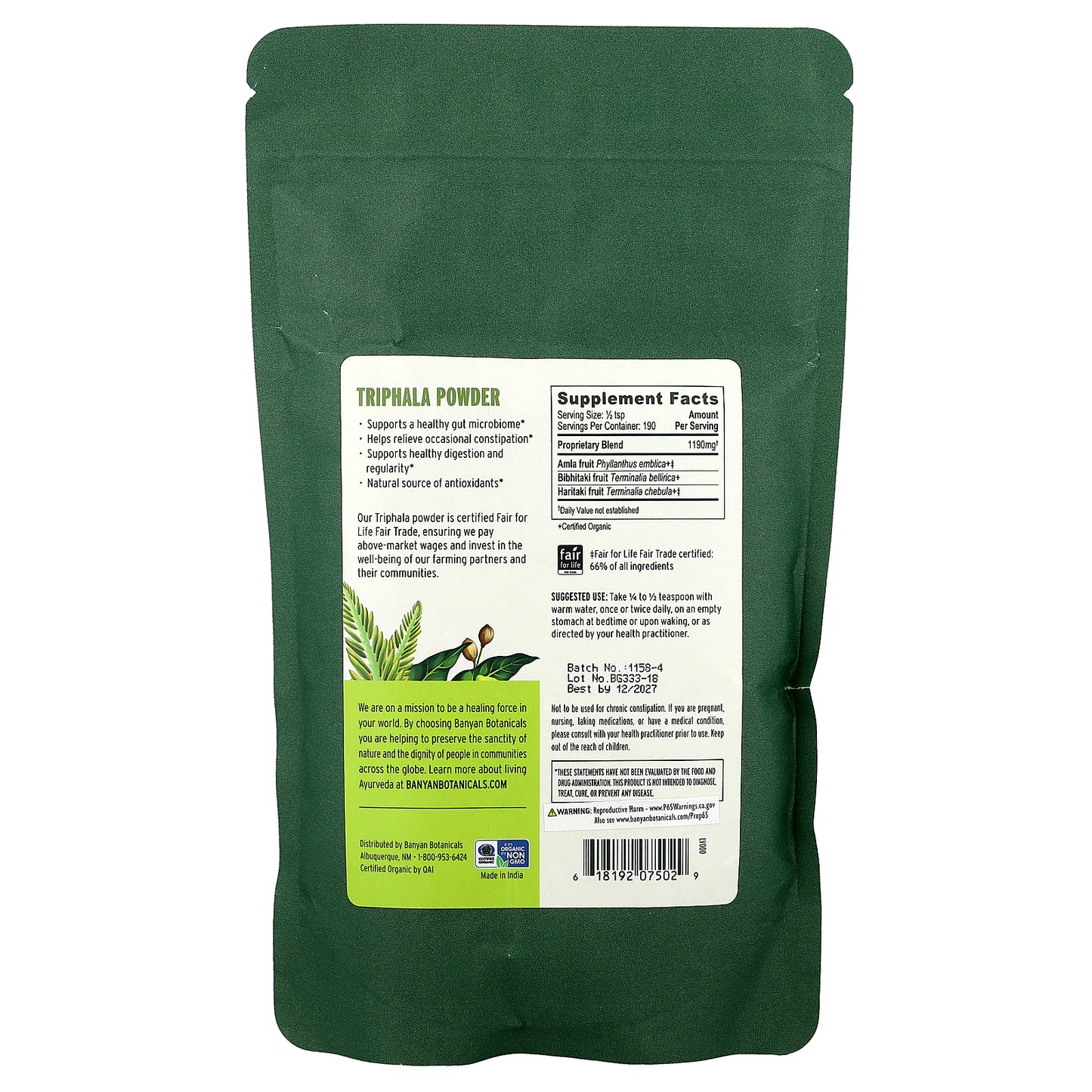 Banyan Botanicals, Triphala Powder, 0.5 lb (227 g)