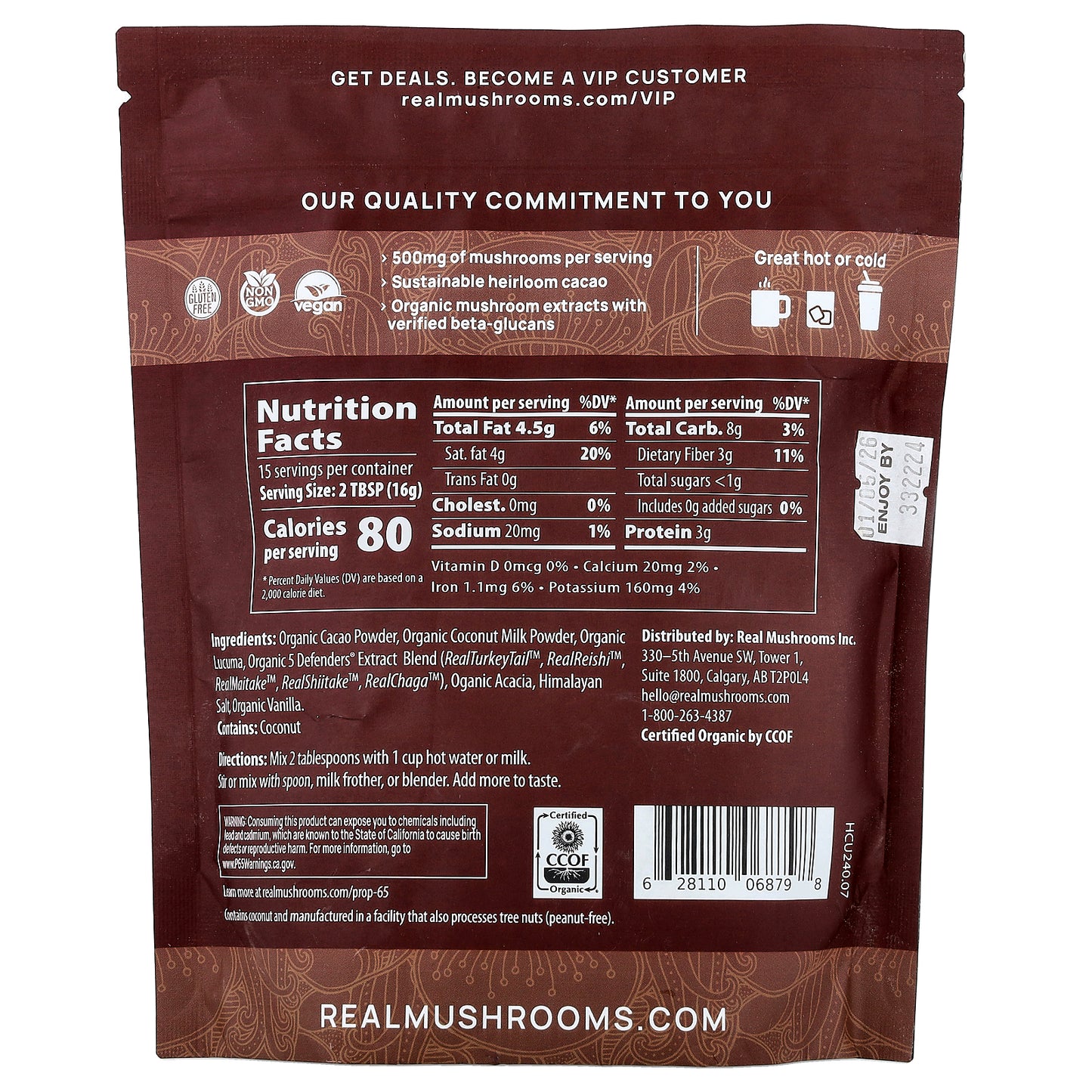 Real Mushrooms, Mushroom Hot Chocolate with 5 Defenders®, Unsweetened, 240 g