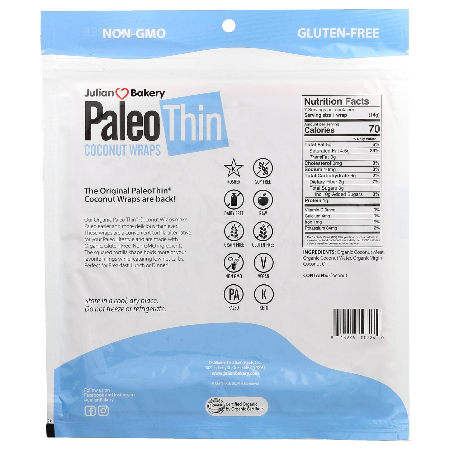 Julian Bakery, PaleoThin®, Coconut Wraps, 7 Wraps, 4.4 oz