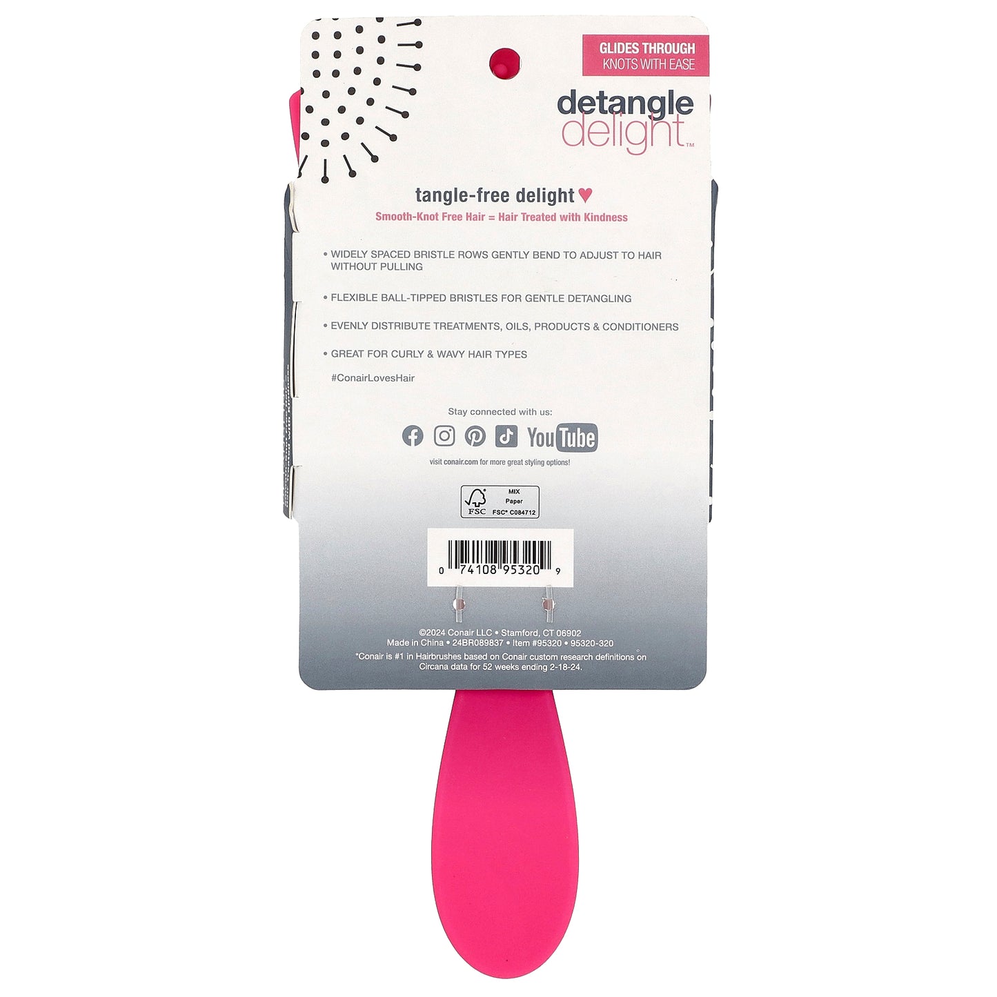Conair, Detangle Delight™ Hair Brush, For Curly & Wavy Hair Types, Pink, 1 Brush
